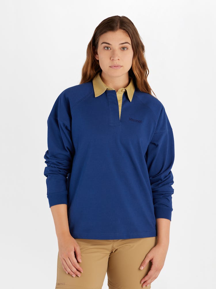 Marmot Women's Mountain Works Rugby Pullover In Twilight Blue/Light Oak Size: XL