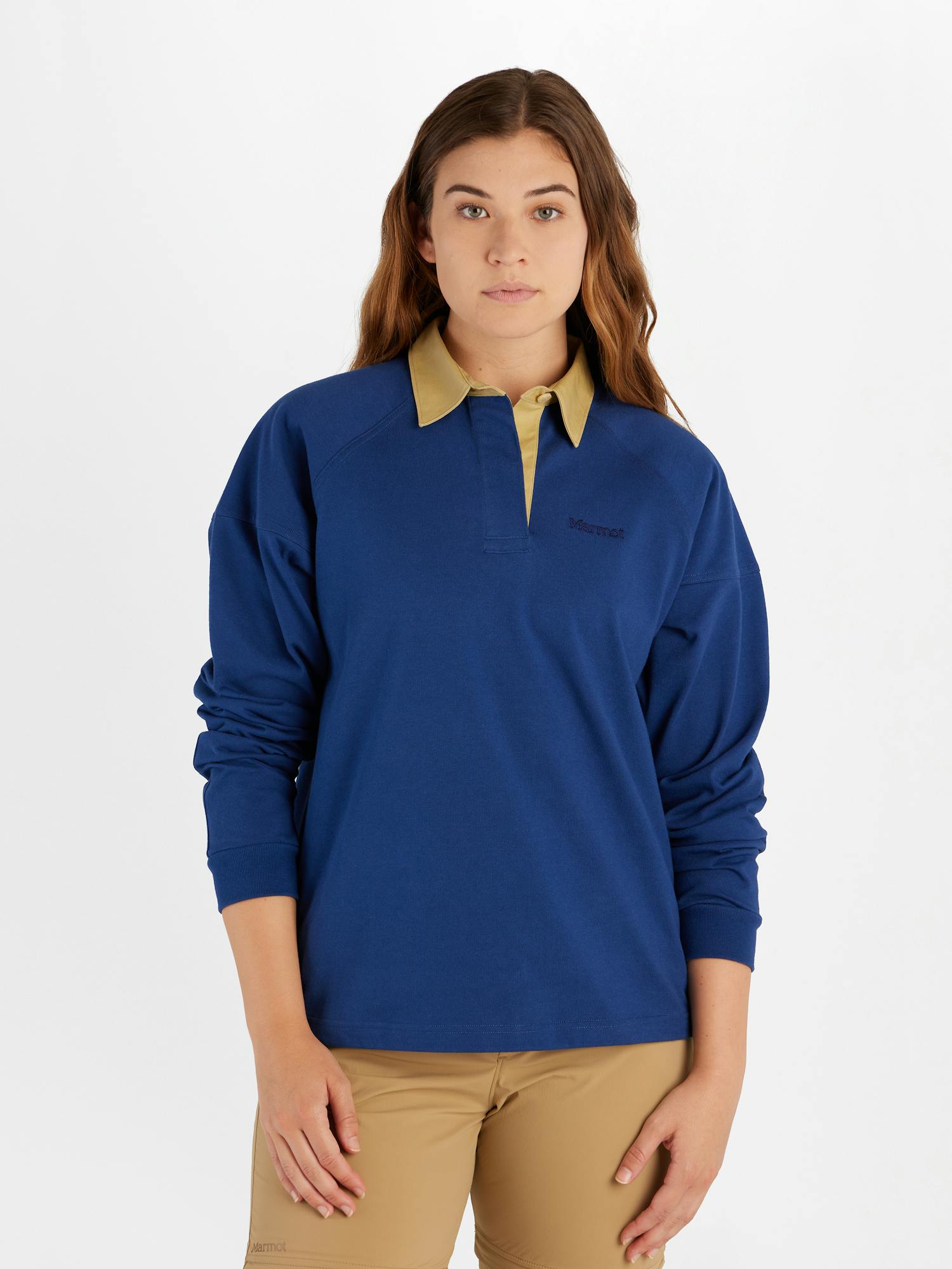 Marmot Women's Mountain Works Rugby Pullover In Twilight Blue/Light Oak Size: XL