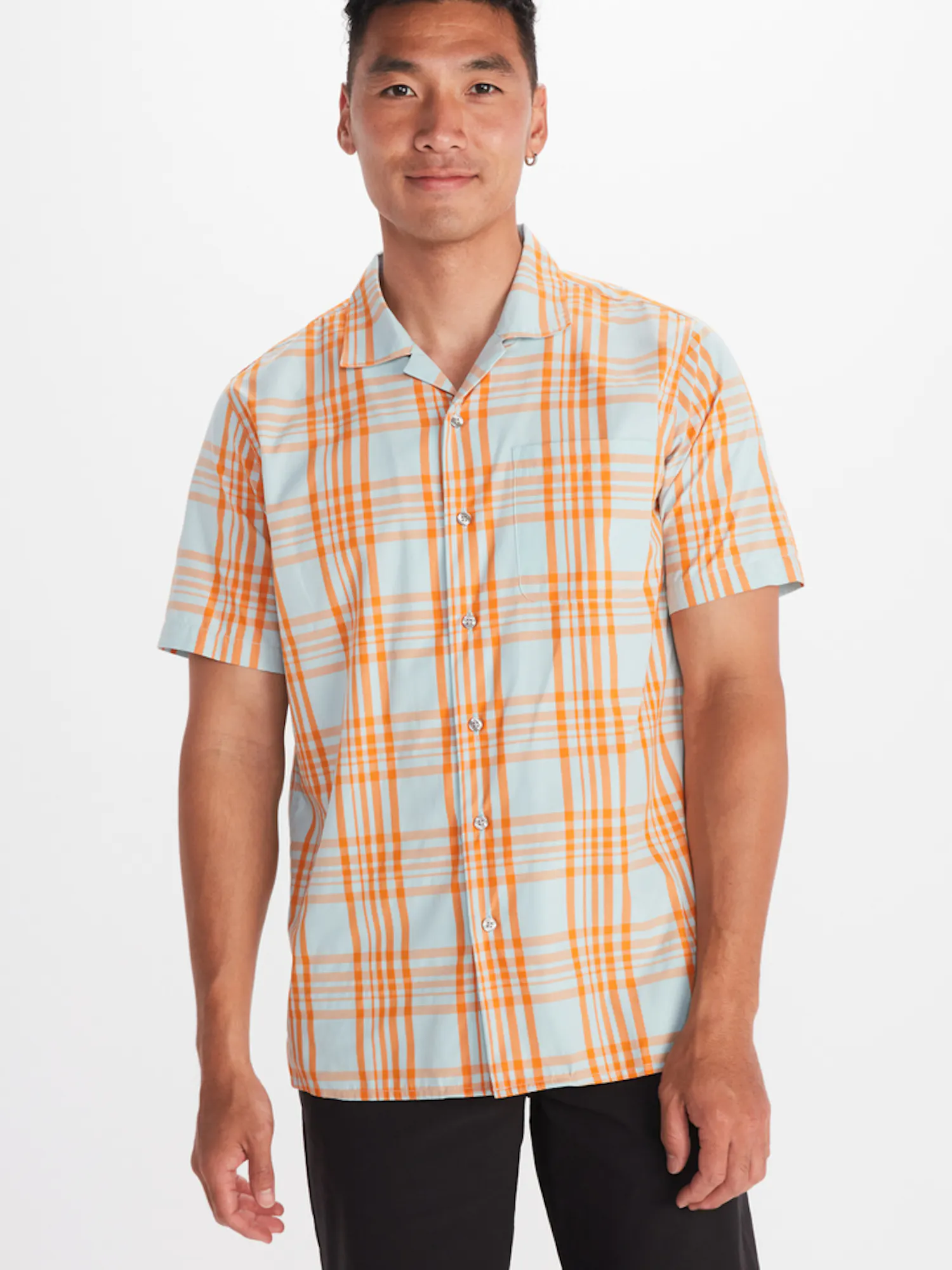Marmot Men's Muir Camp Novelty Short-Sleeve Shirt in Cloud Blue/Orange Pepper
