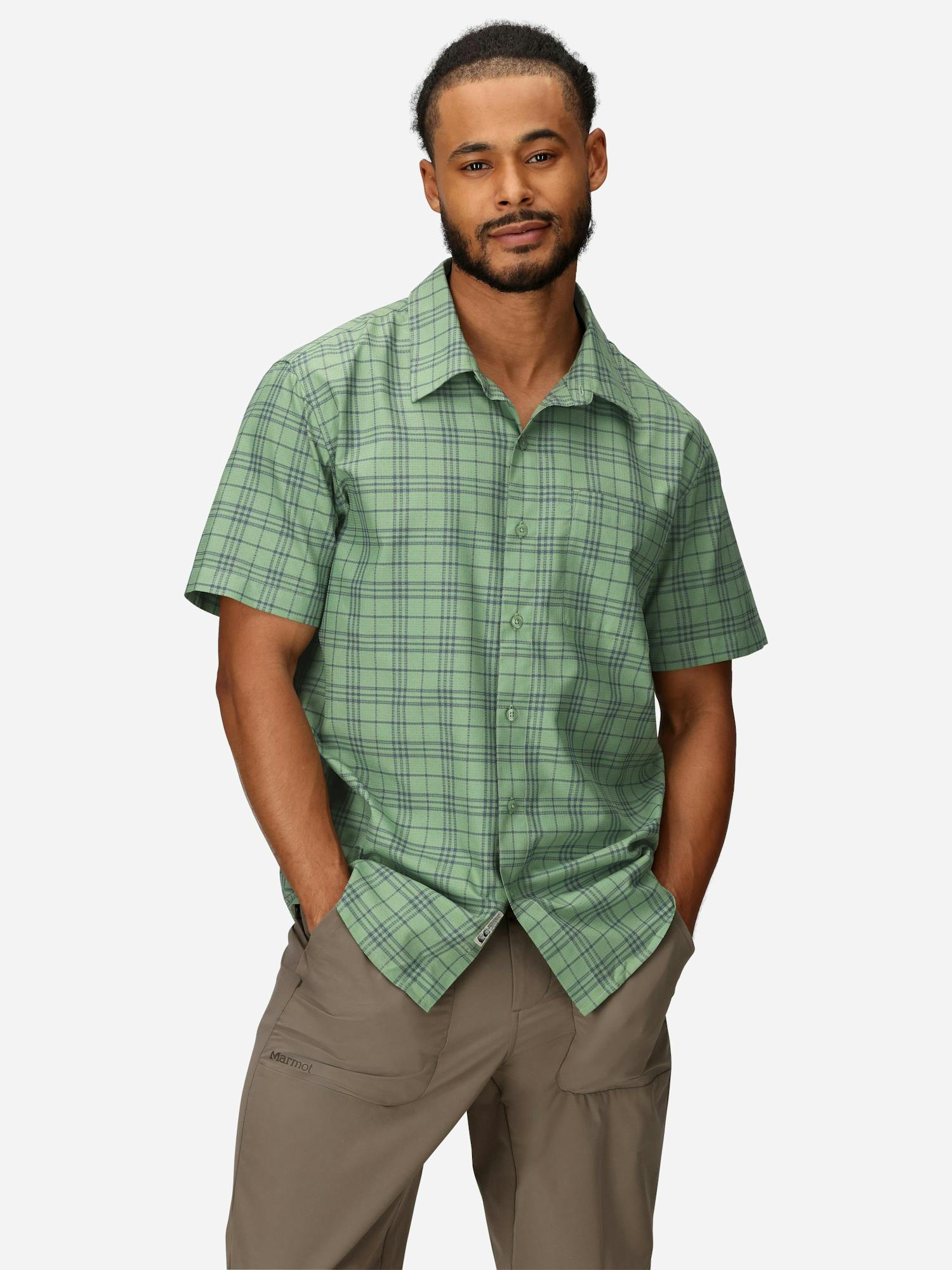 Marmot Men's AirExchange Perforated Short-Sleeve Pattern Shirt (Spring 2025) in Agate Green/Thunderhead