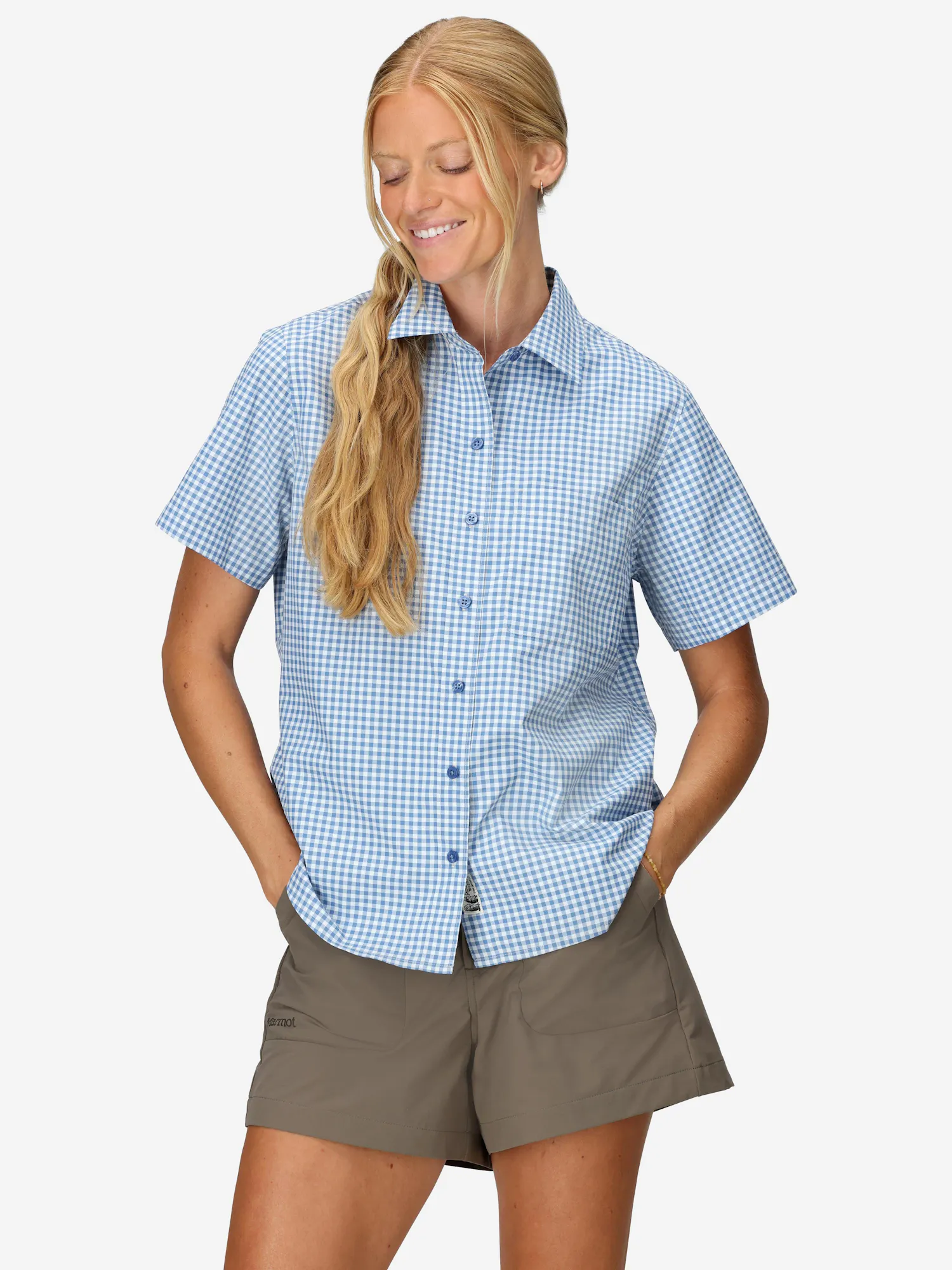 Marmot Women's AirExchange UPF 40 Novelty Short-Sleeve Collared Shirt in Rain Cloud Blue