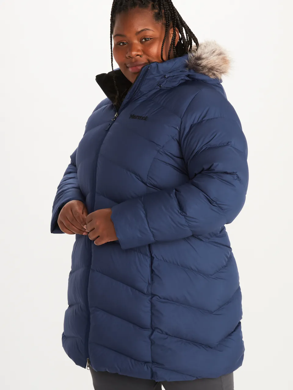 side view of blue puffer jacket with hood
