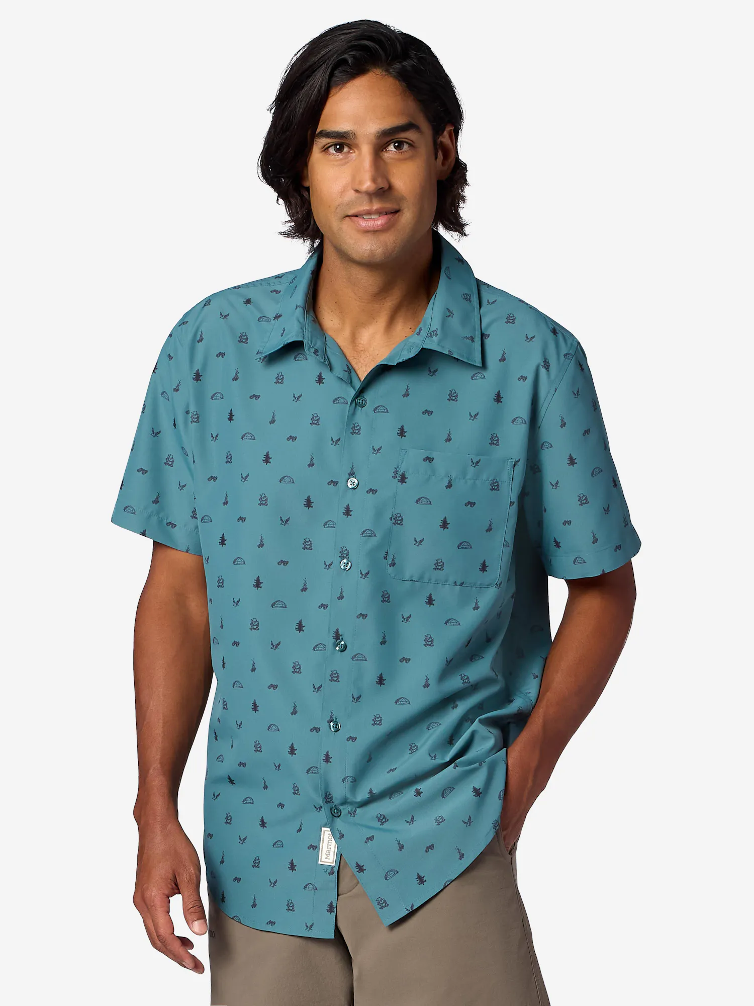 Marmot Men's AirExchange UPF 40 Novelty Short-Sleeve Collared Shirt (Spring 2026) in Seafloor Camping Trip | Down