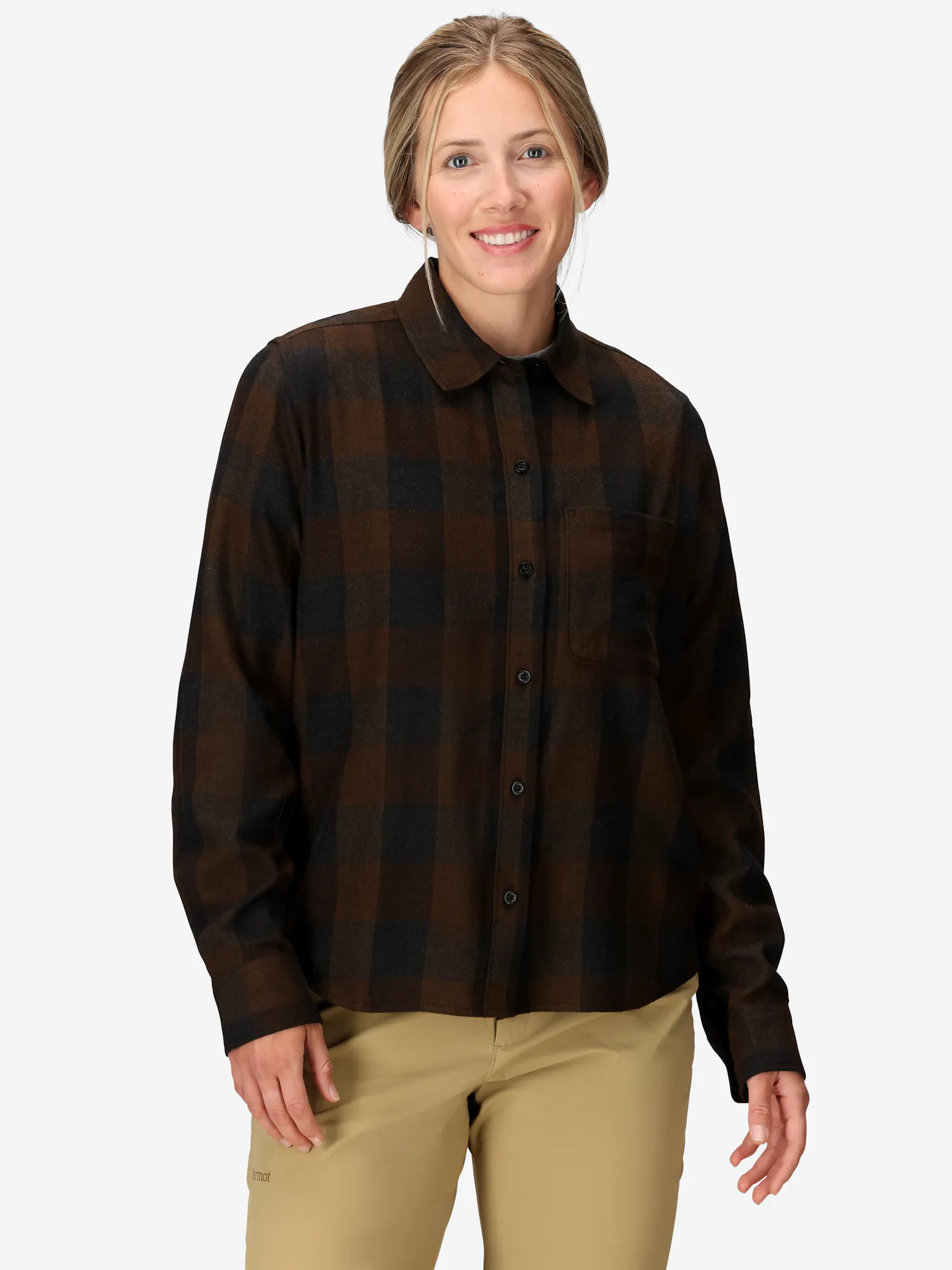 Marmot Women's Rush Creek Lightweight Flannel Long-Sleeve Shirt (Fall 2025) in Hickory Nut/Black | Cotton