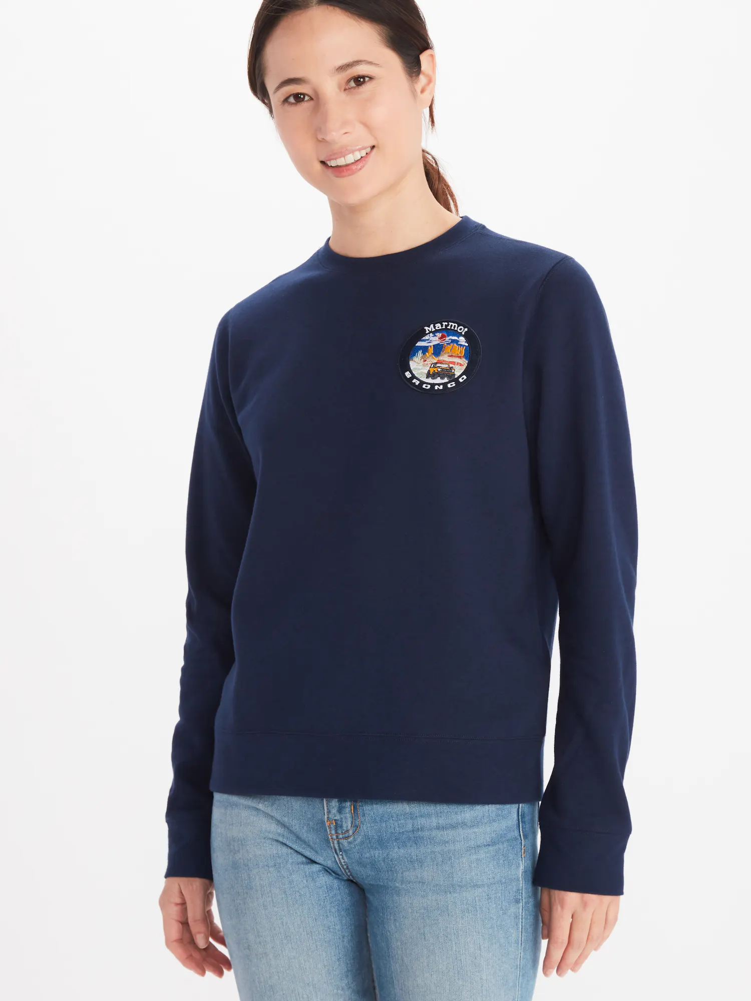 Marmot Women's x Bronco Crew Neck Sweatshirt in Arctic Navy | Cotton