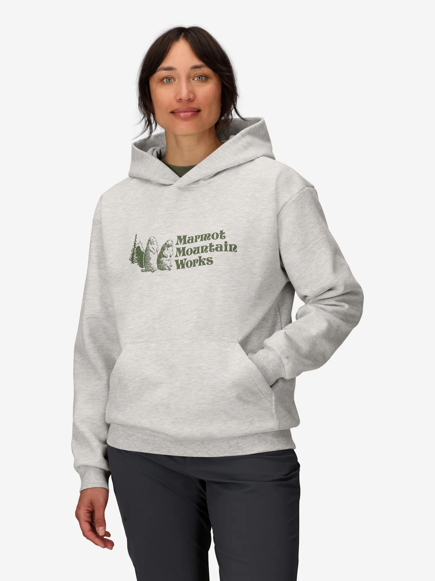 Marmot Women's Mountain Works Hoodie (Fall 2025) Jacket in Light Grey Heather/Olive Grove | Cotton