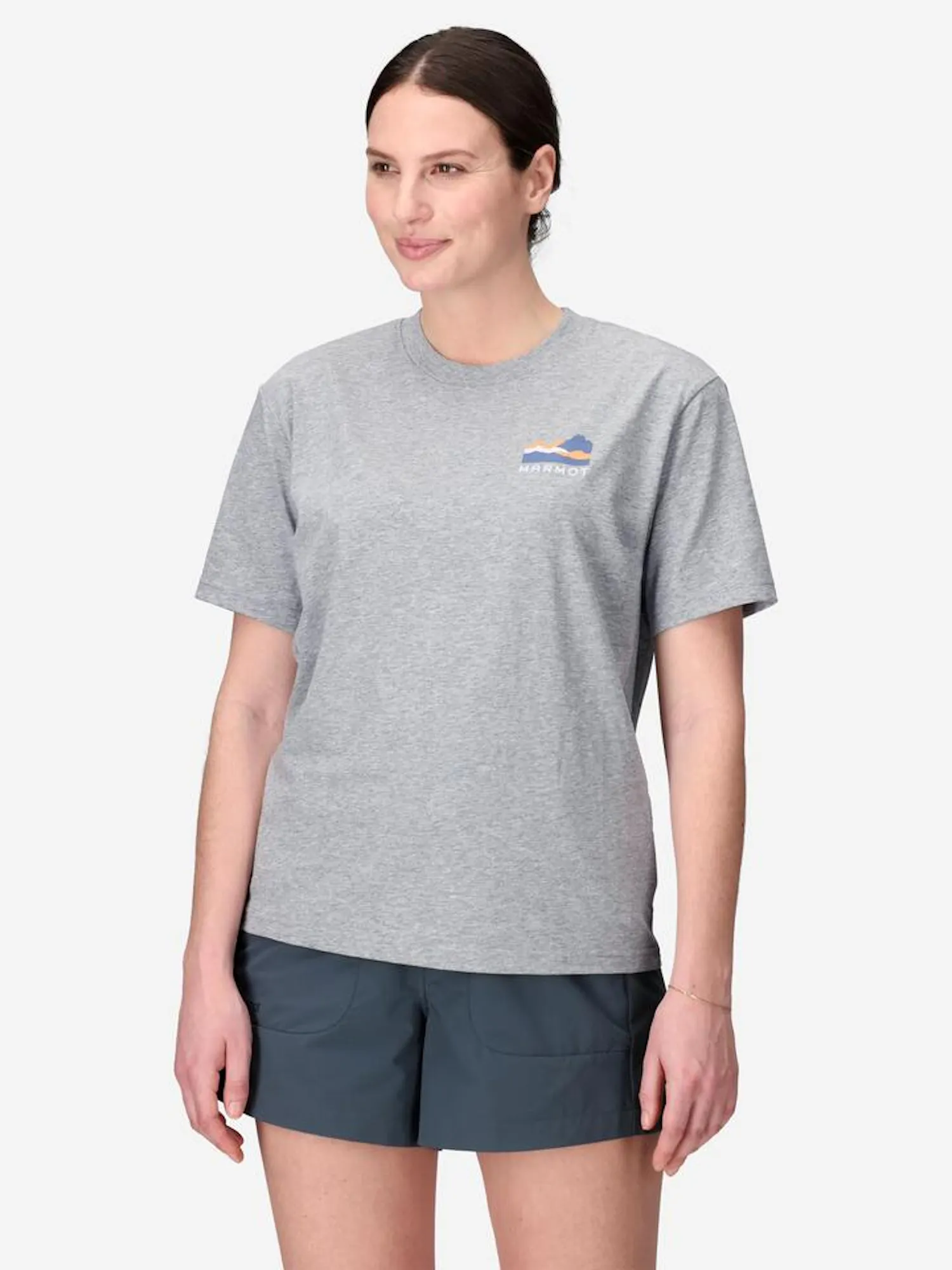 Marmot Women's Mountain Works Sunset Short-Sleeve T-Shirt (Spring 2025) in Grey Heather | Cotton
