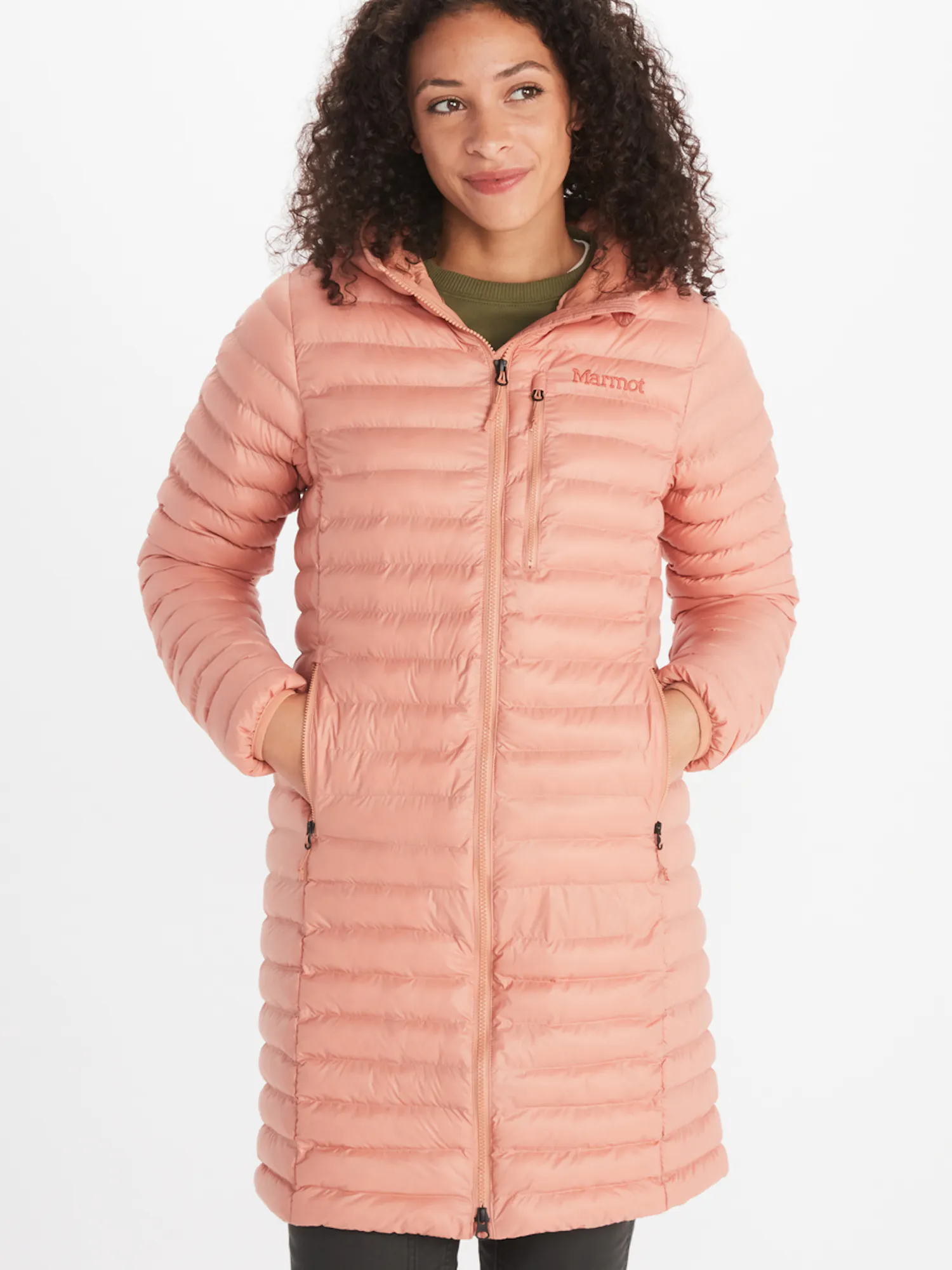 Marmot Women's Echo Featherless Long Jacket in Rose Gold Shiny