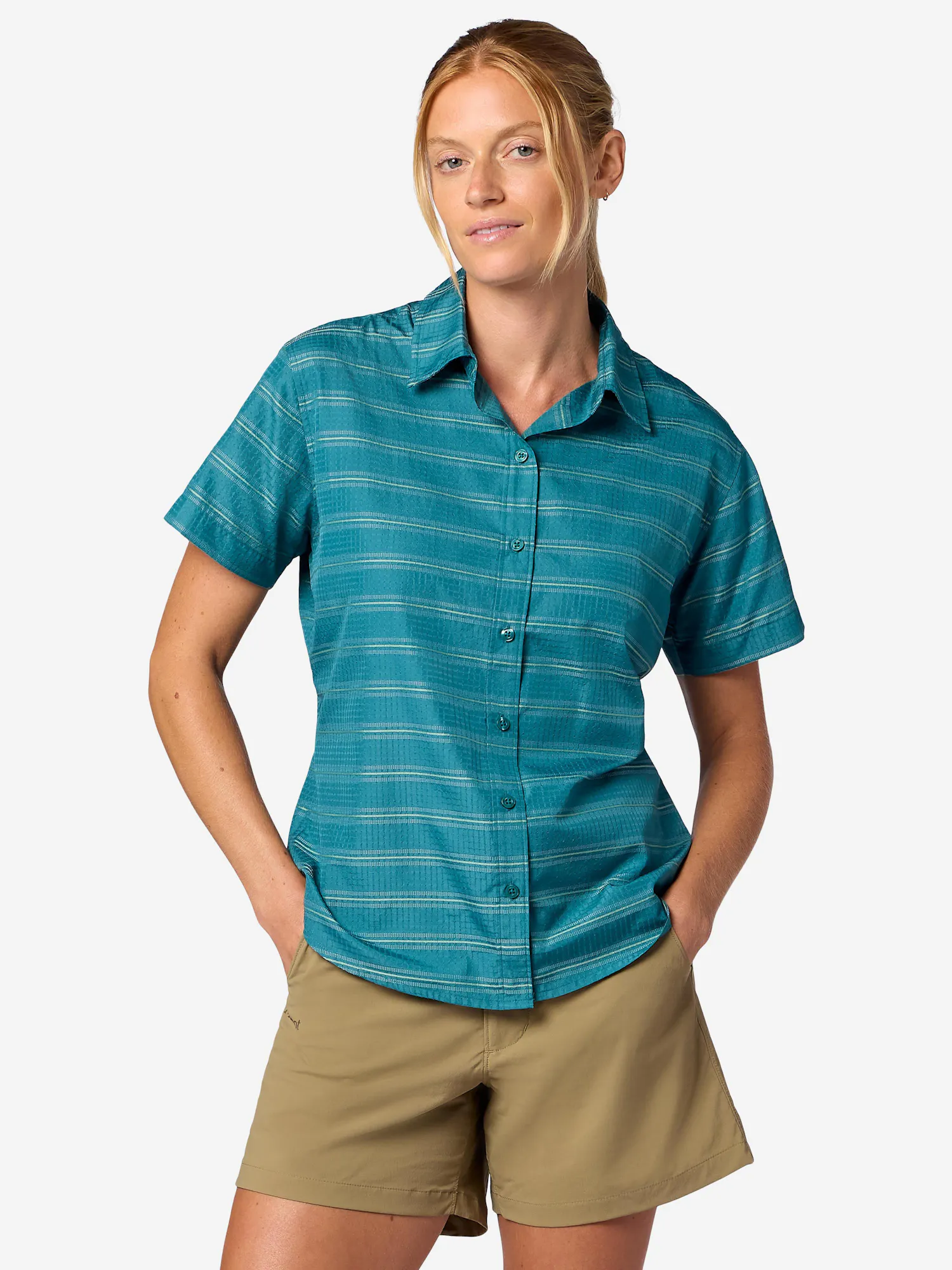 Marmot Women's AirExchange Perforated Short-Sleeve Shirt (Spring 2026) in Emerald Blue Slight Stripe