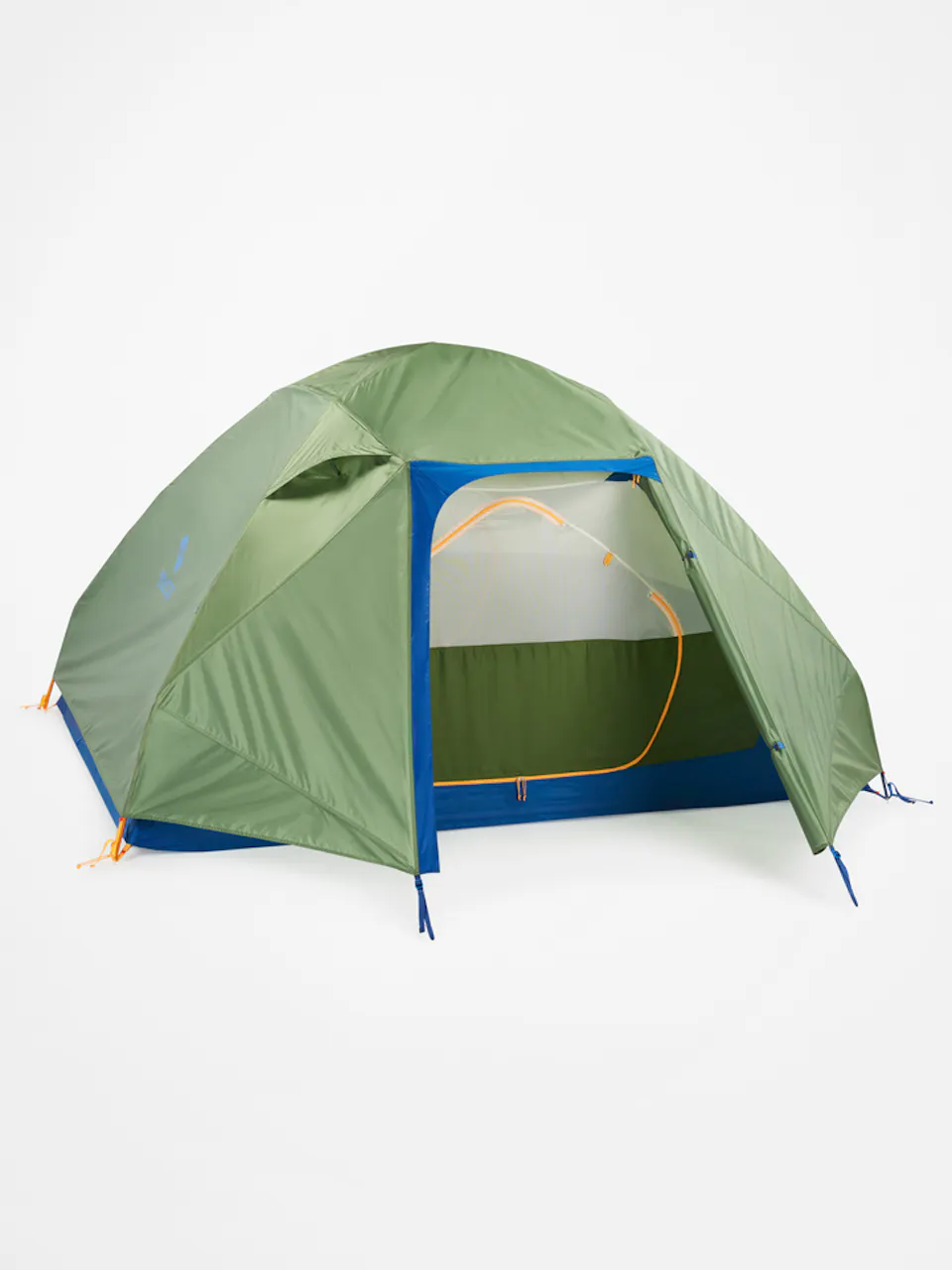 Marmot tent with green rain fly tied back door flap