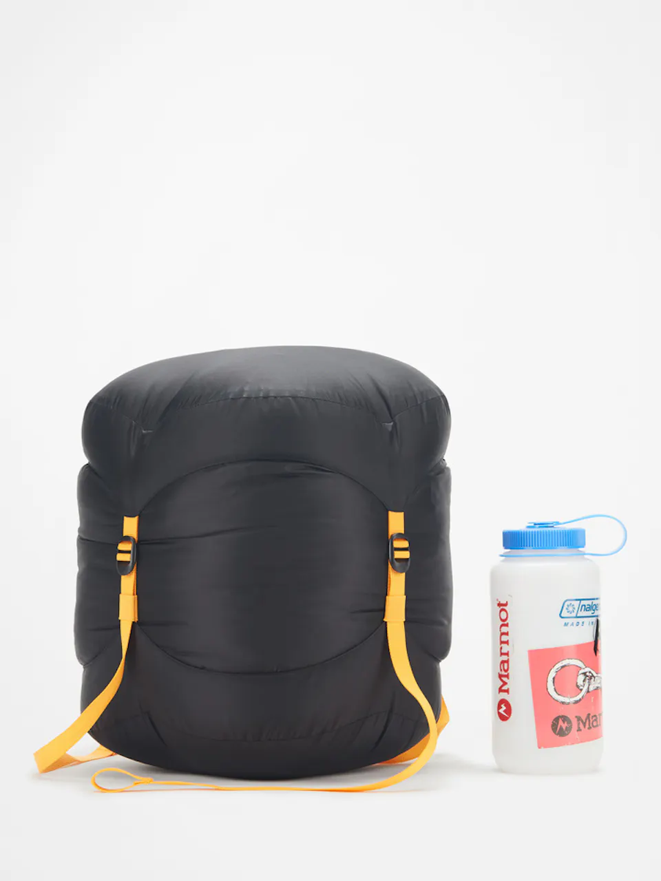 sleeping bag inside carry bag with water bottle