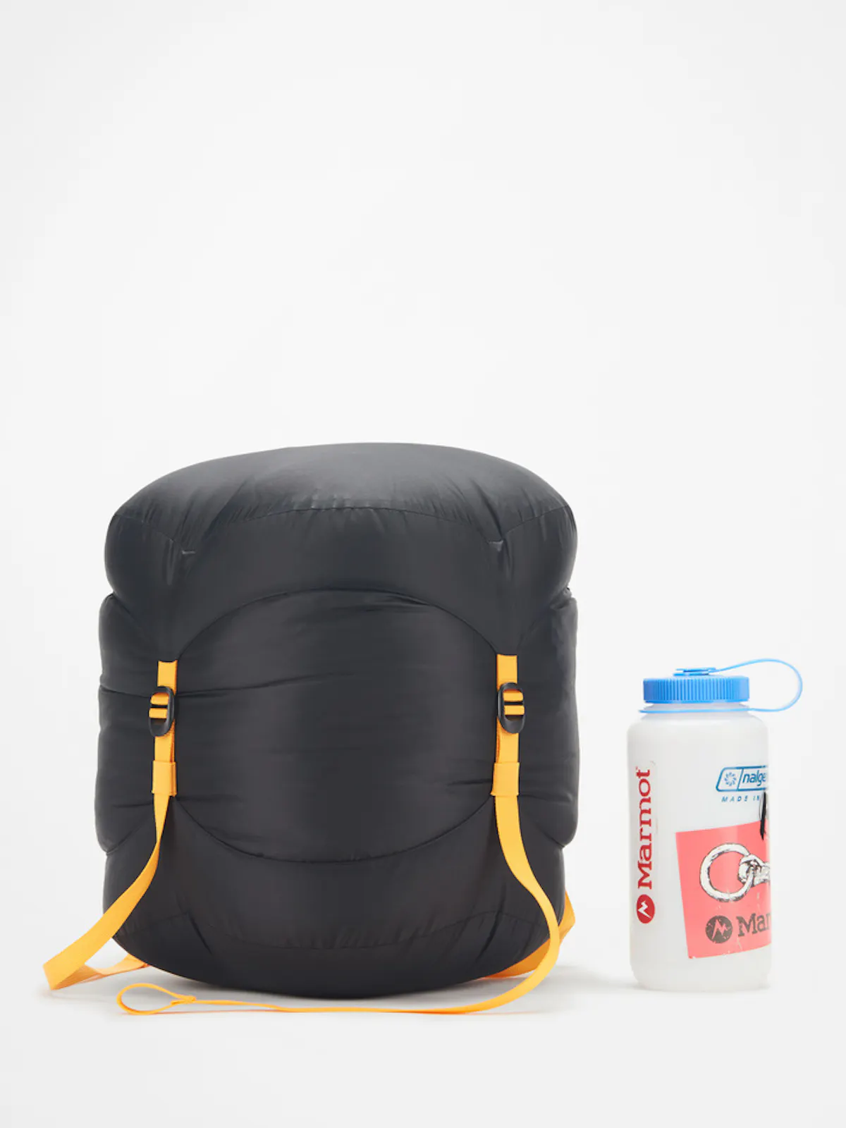 sleeping bag inside carry bag with water bottle