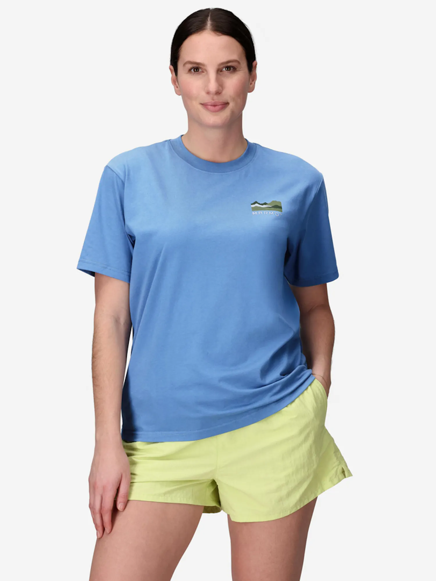 Marmot Women's Mountain Works Sunset Short-Sleeve T-Shirt (Spring 2025) in Rain Cloud | Cotton