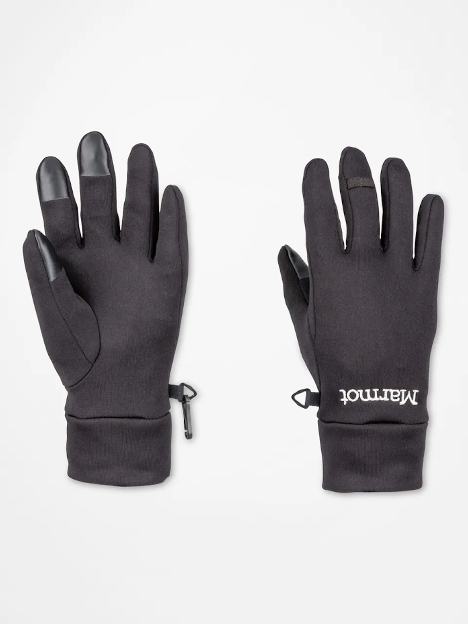 Pair of black touchscreen gloves displayed flat on a white background