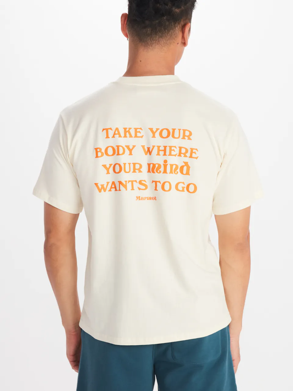 back of man wearing t-shirt that says take your body where your mind wants to go.