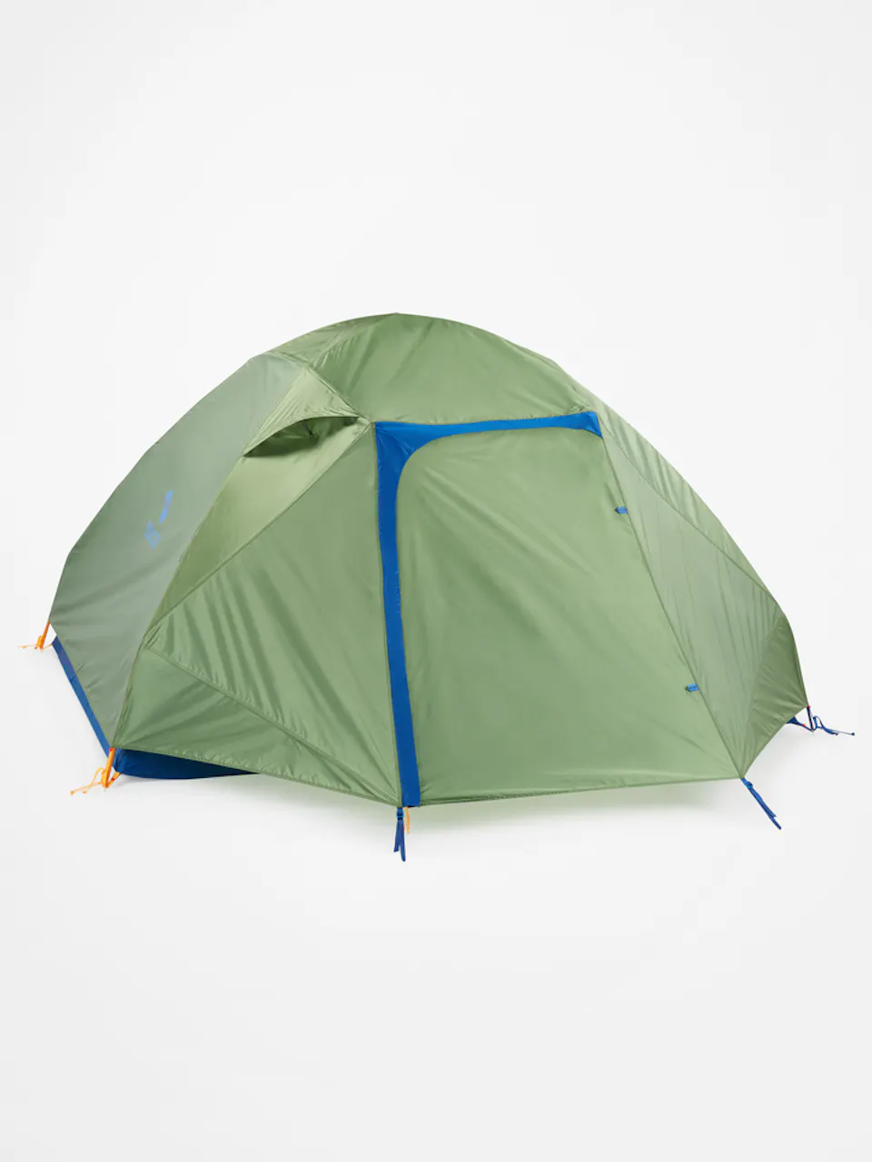 Marmot tent with green rain fly zipped up