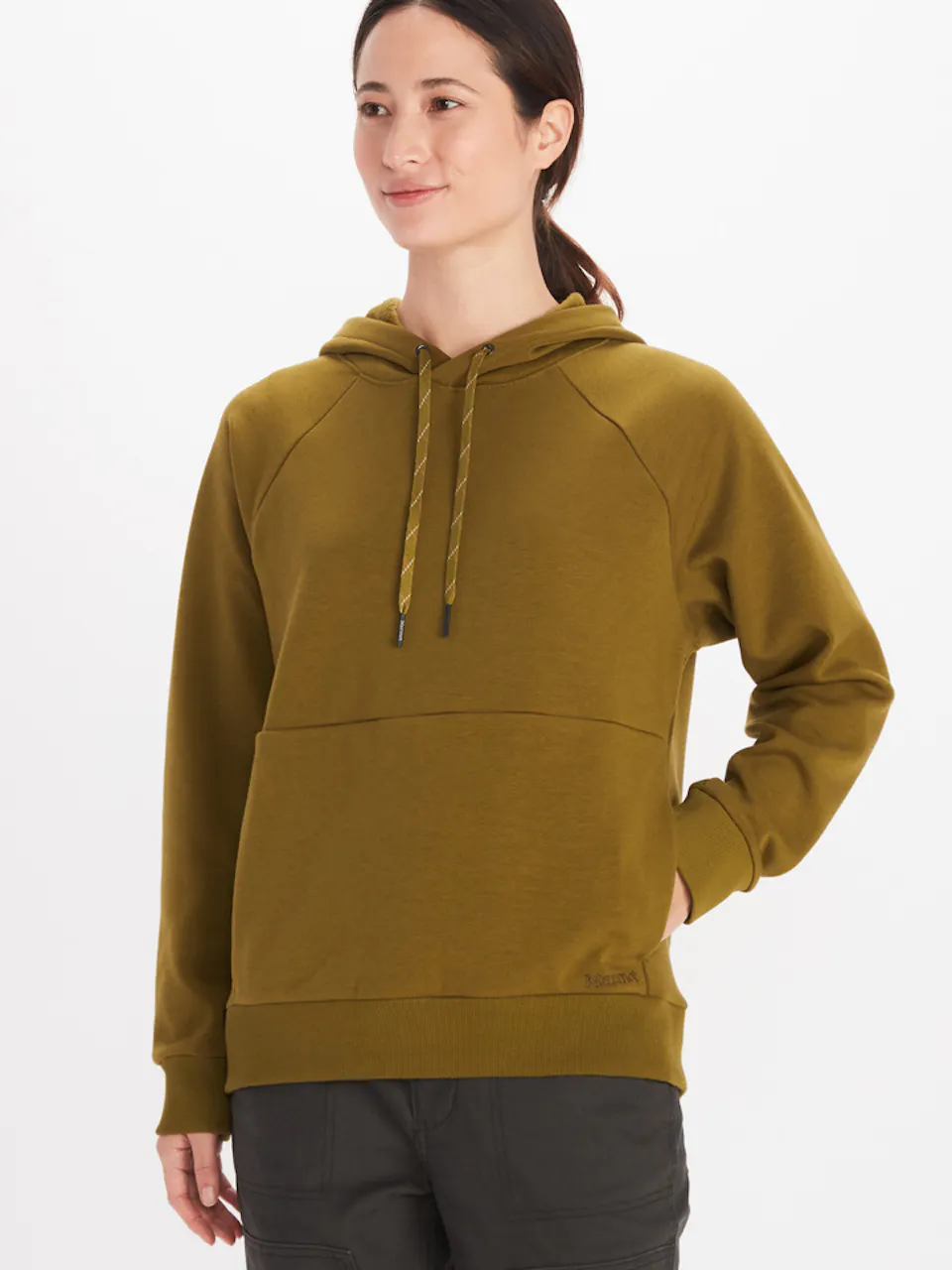 Woman in hooded sweatshirt