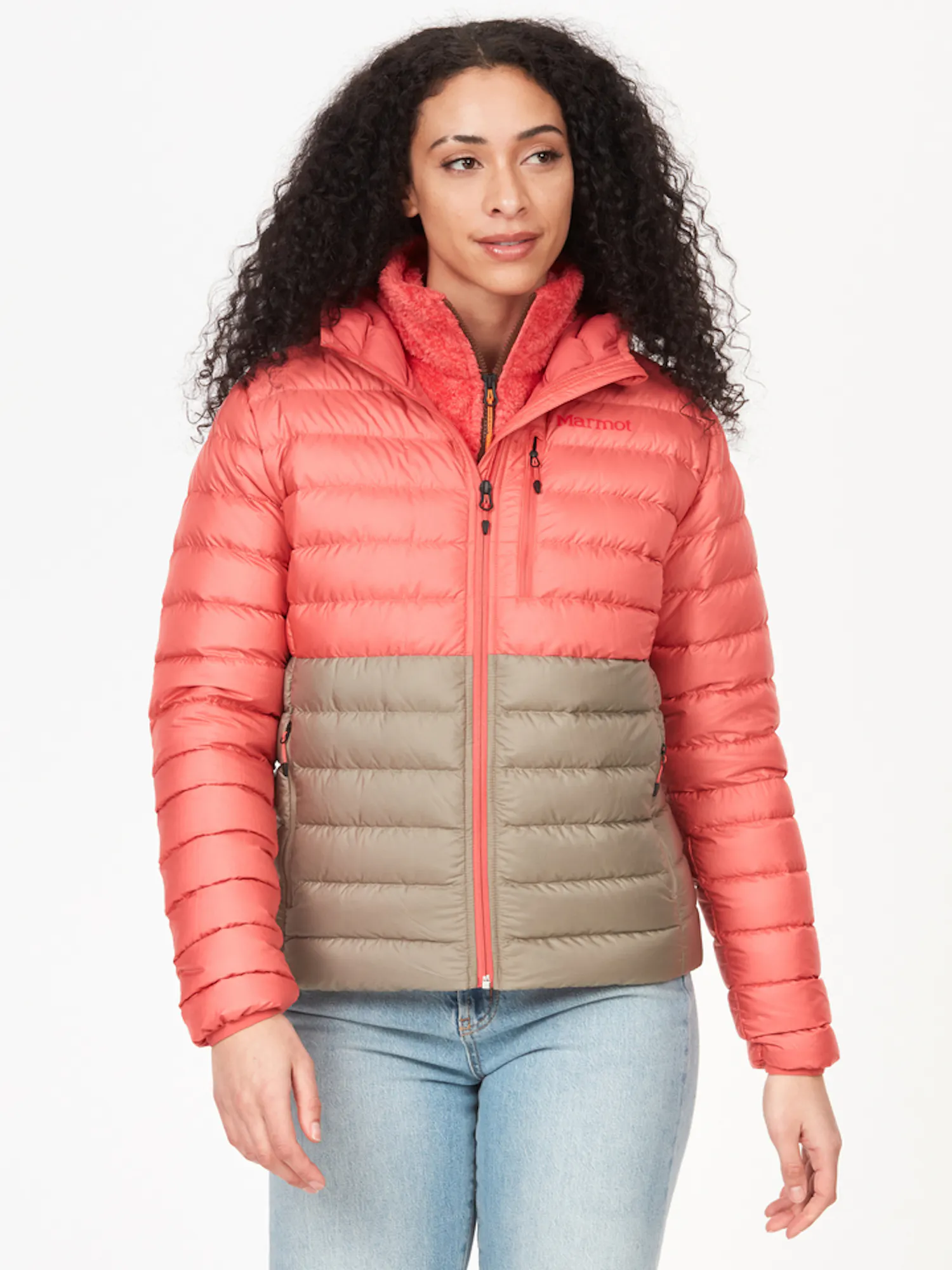 Marmot Women's Highlander Down Hoody in Grapefruit/Vetiver