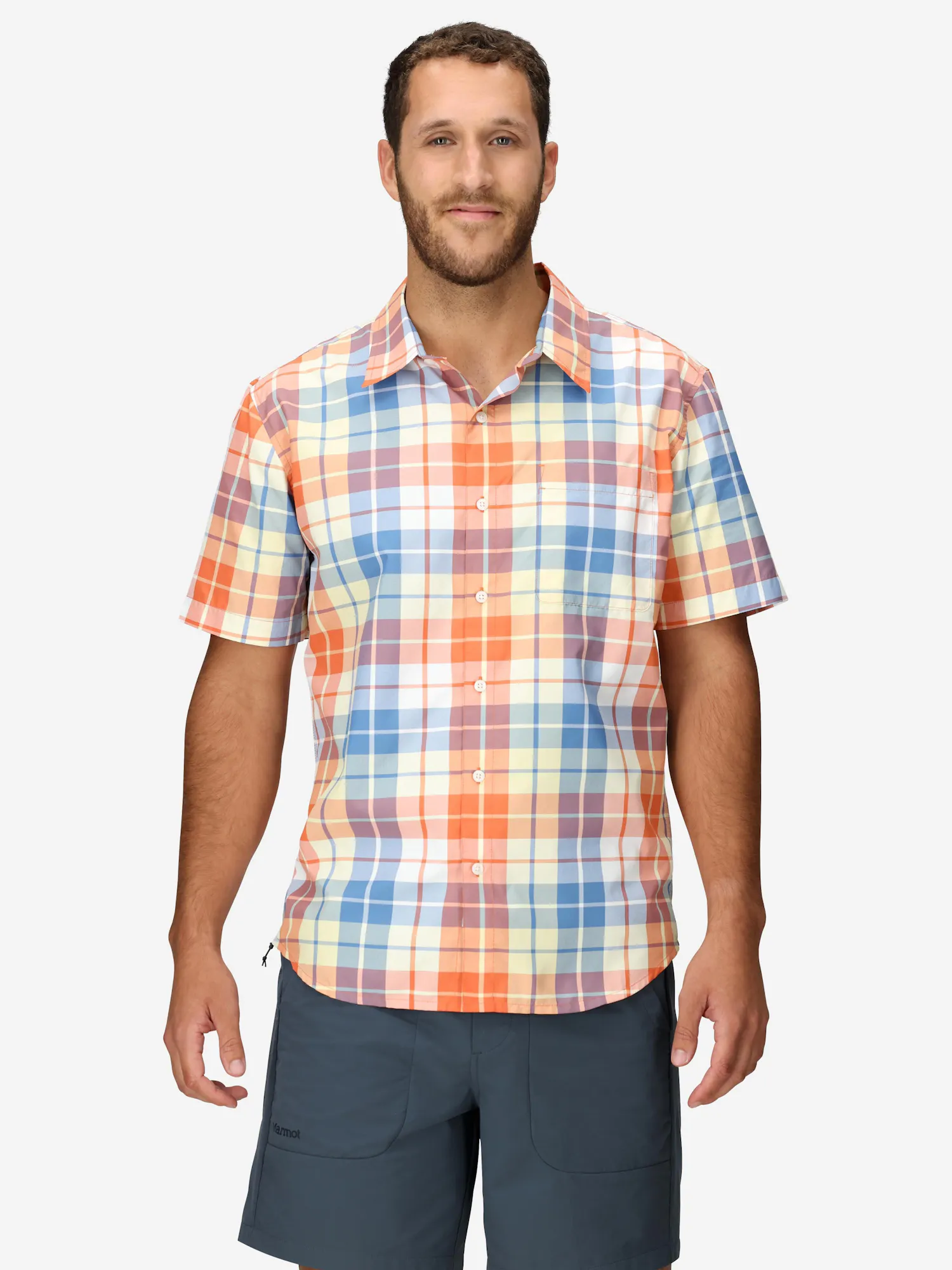 Marmot Men's AirExchange UPF 40 Novelty Short-Sleeve Collared Shirt in Pomelo Wayland Plaid | Down