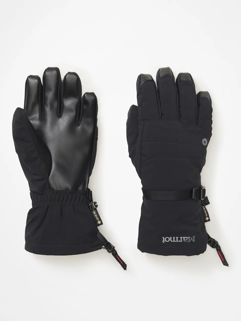 A pair of black insulated winter gloves, one showing the palm and the other showing the back with an adjustable strap.