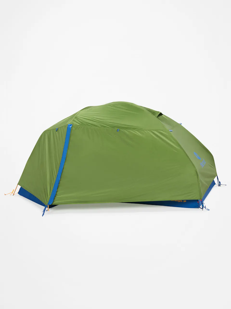 Marmot tent with green rain fly zipped up