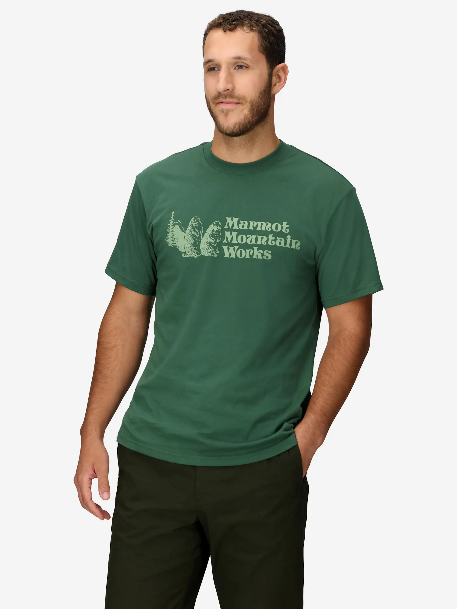 Marmot Men's Mountain Works Short-Sleeve T-Shirt (Spring 2025) in Juniper Green | Cotton