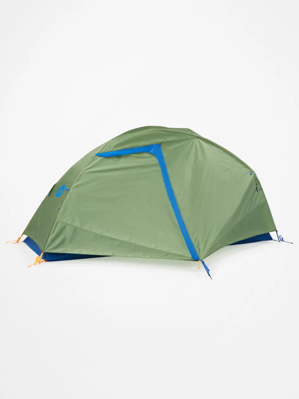 Marmot tent with green rain fly zipped up