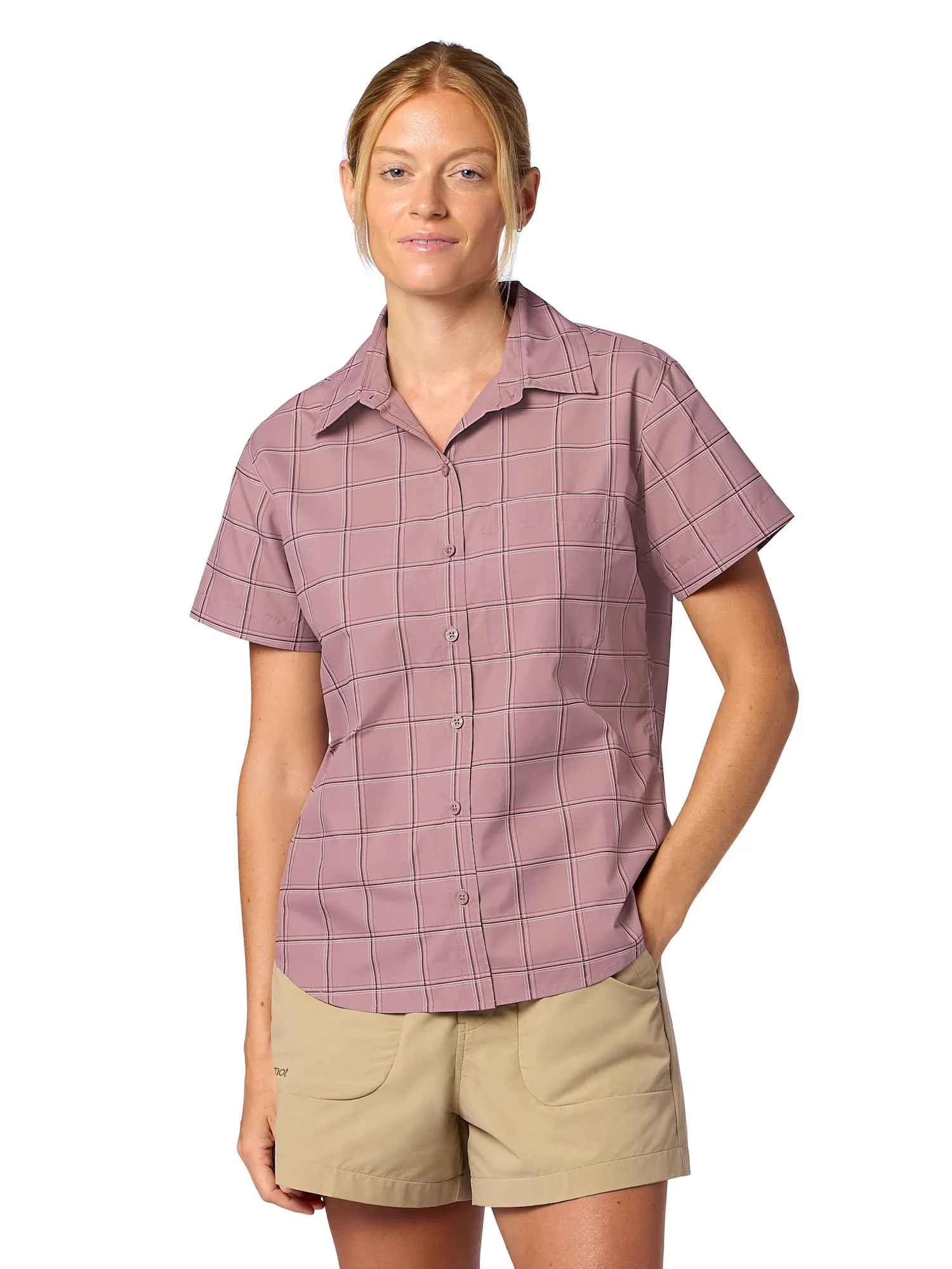 Marmot Women's AirExchange UPF 40 Novelty Short-Sleeve Collared Shirt (Spring 2026) in Light Mauve Off The Grid Plaid