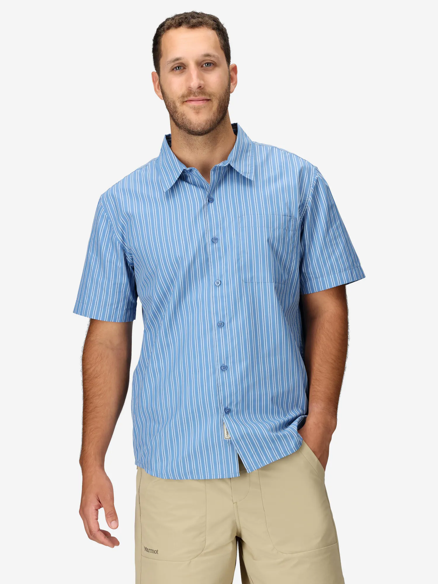 Marmot Men's AirExchange UPF 40 Novelty Short-Sleeve Collared Shirt in Rain Cloud Tomales Stripe | Down