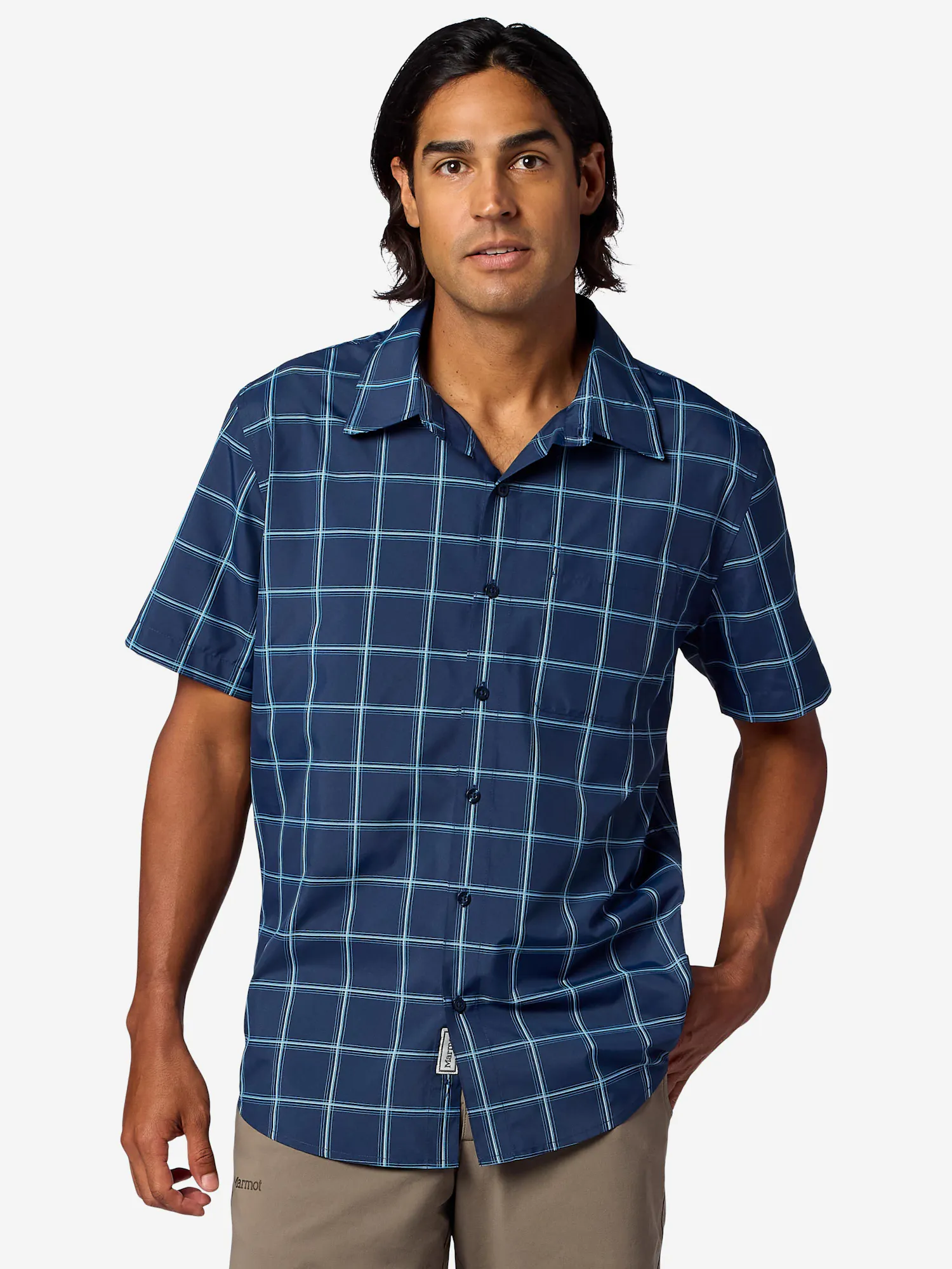 Marmot Men's AirExchange UPF 40 Novelty Short-Sleeve Collared Shirt (Spring 2026) in Nightfall Off The Grid Plaid | Down