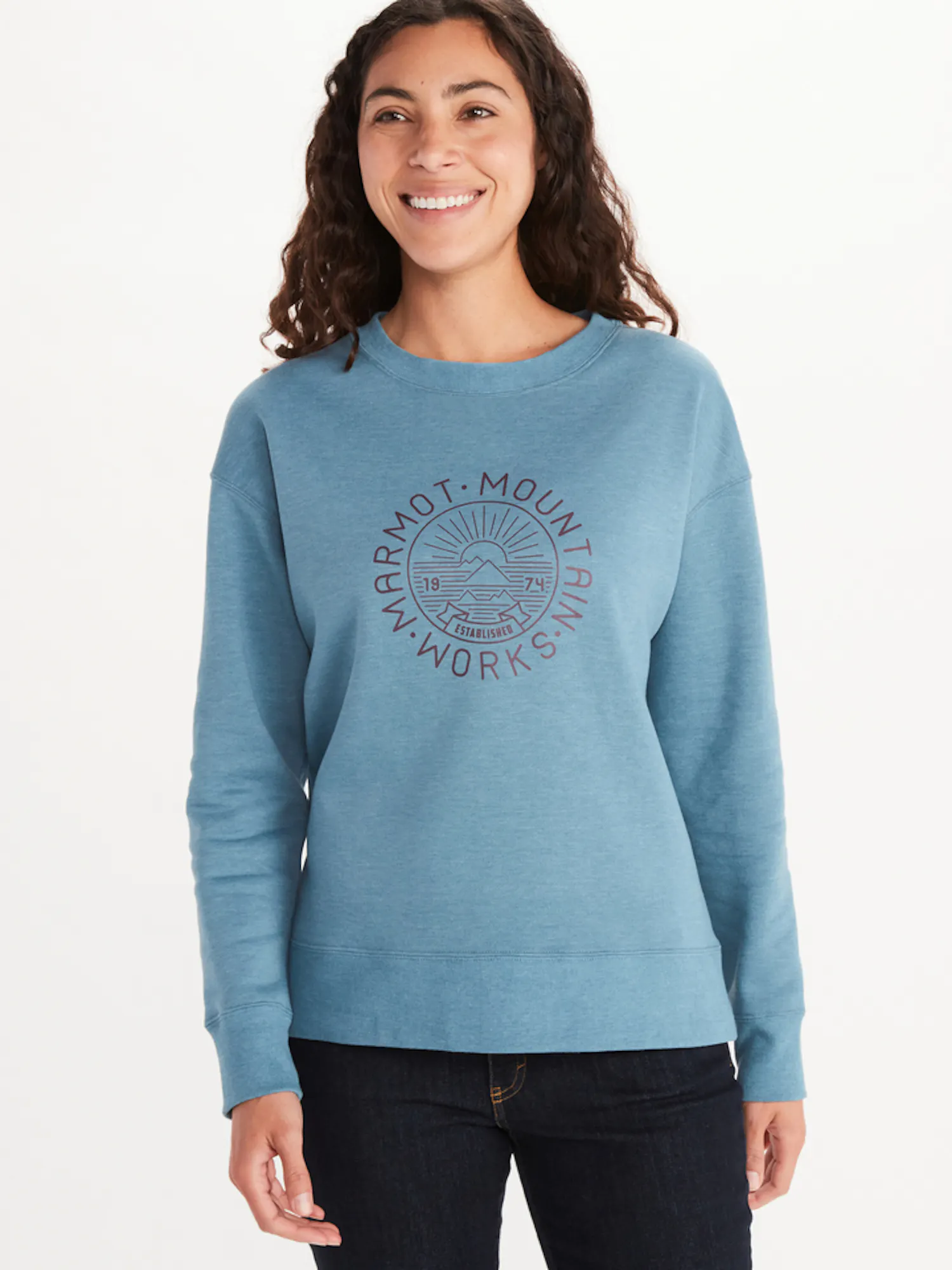 Marmot Women's Mountain Works Crew-Neck Sweatshirt in Cascade Blue Heather | Cotton