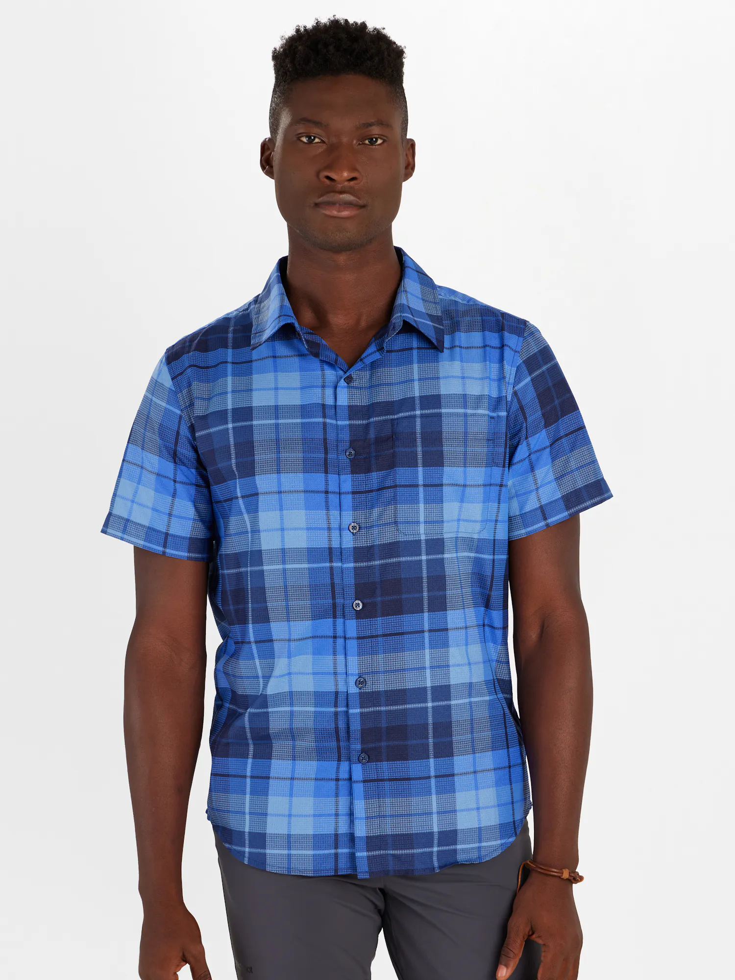 Marmot Men's Aerobora Novelty UPF 20 Short-Sleeve Shirt in Twilight Blue Wayland Plaid