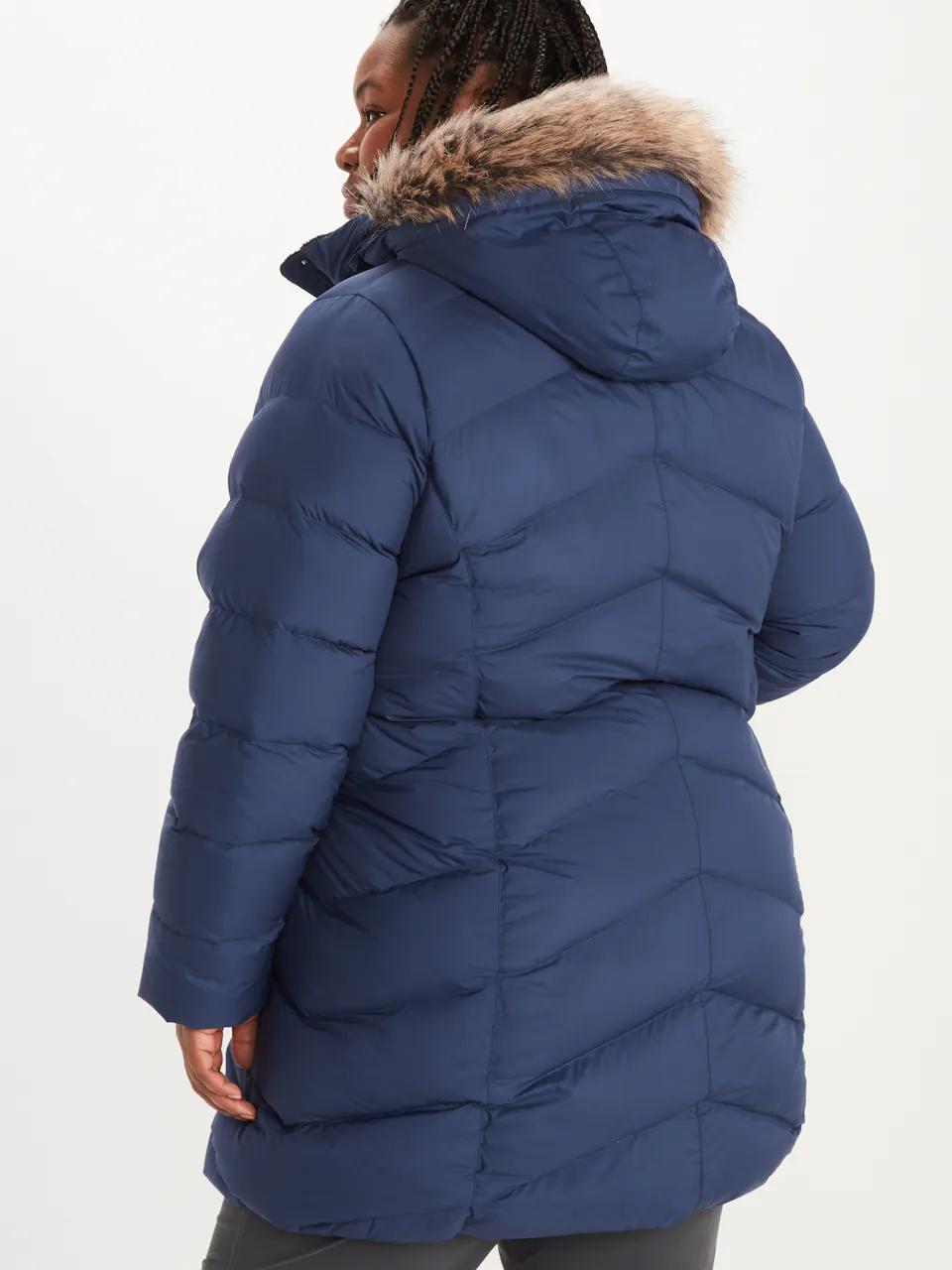 back of blue puffer jacket with hood