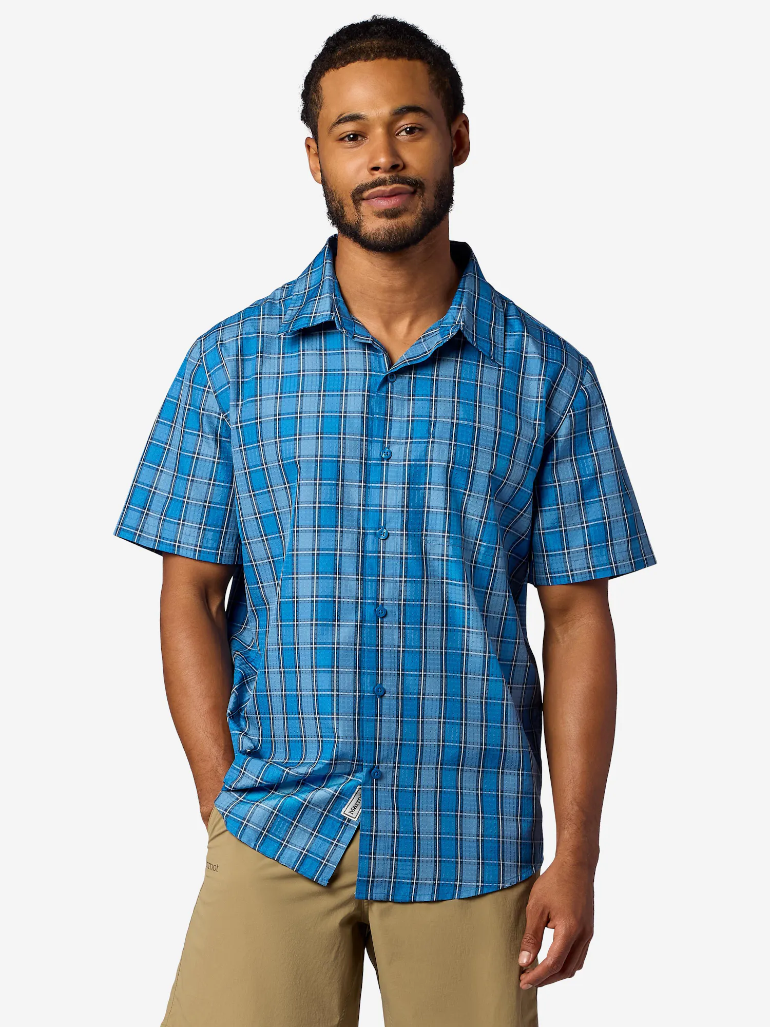 Marmot Men's AirExchange Perforated Short-Sleeve Shirt (Spring 2026) in Nautical Blue Ranger Plaid