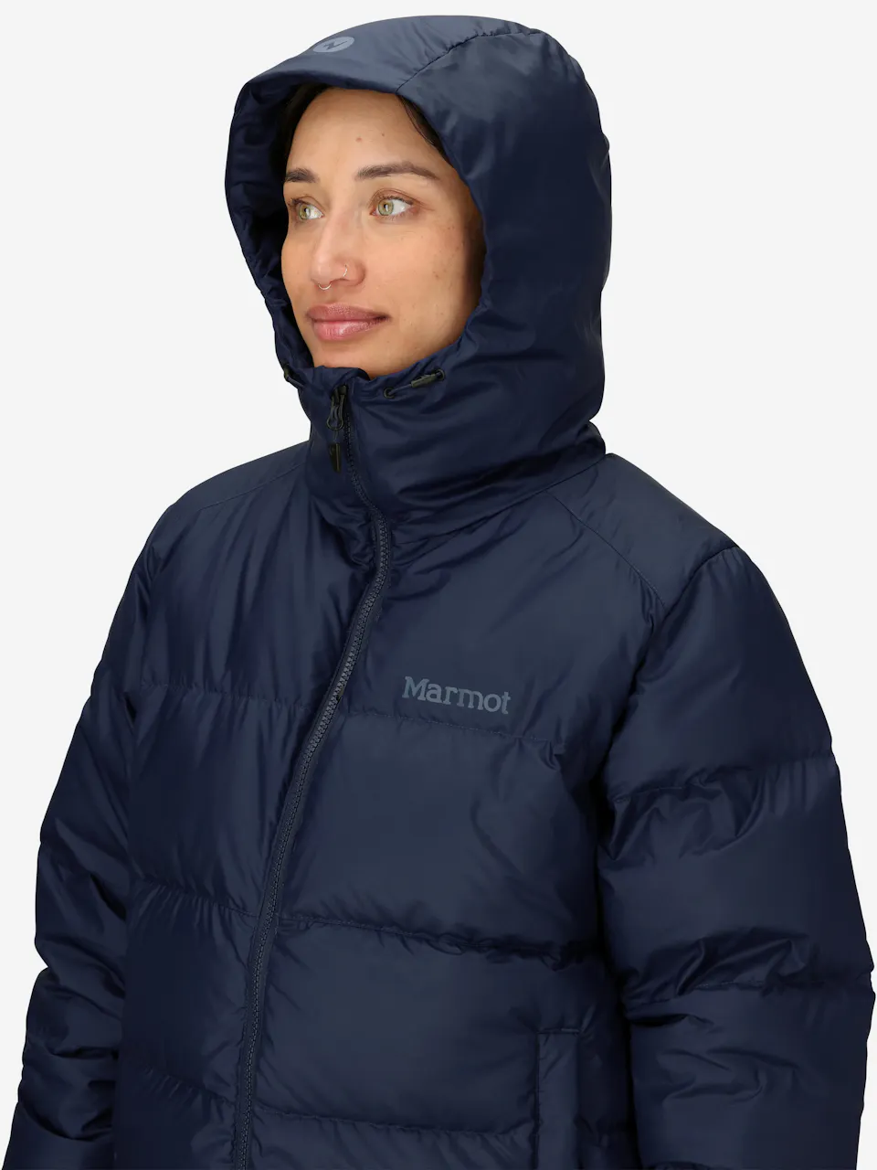 Insulated navy blue puffer jacket with hood, lightweight winter outerwear for cold weather warmth