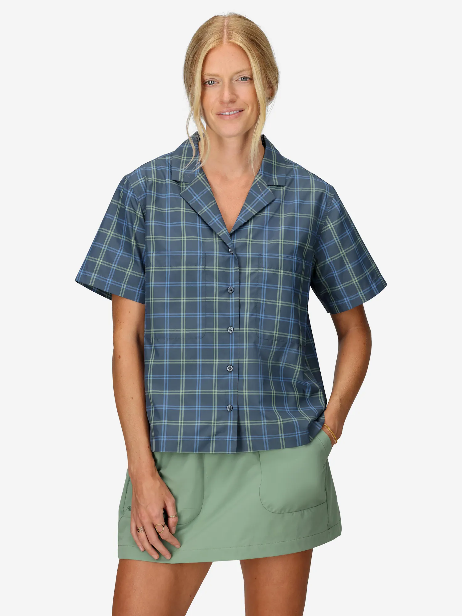 Marmot Women's AirExchange UPF 40 Novelty Short-Sleeve Camp Collared Shirt (Spring 2025) in Thunderhead Windowpane