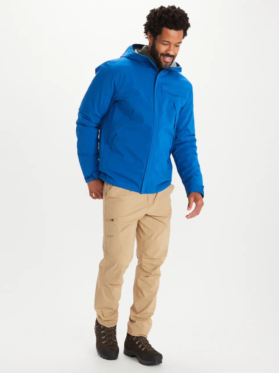 model wearing hiking jacket and hiking bottoms