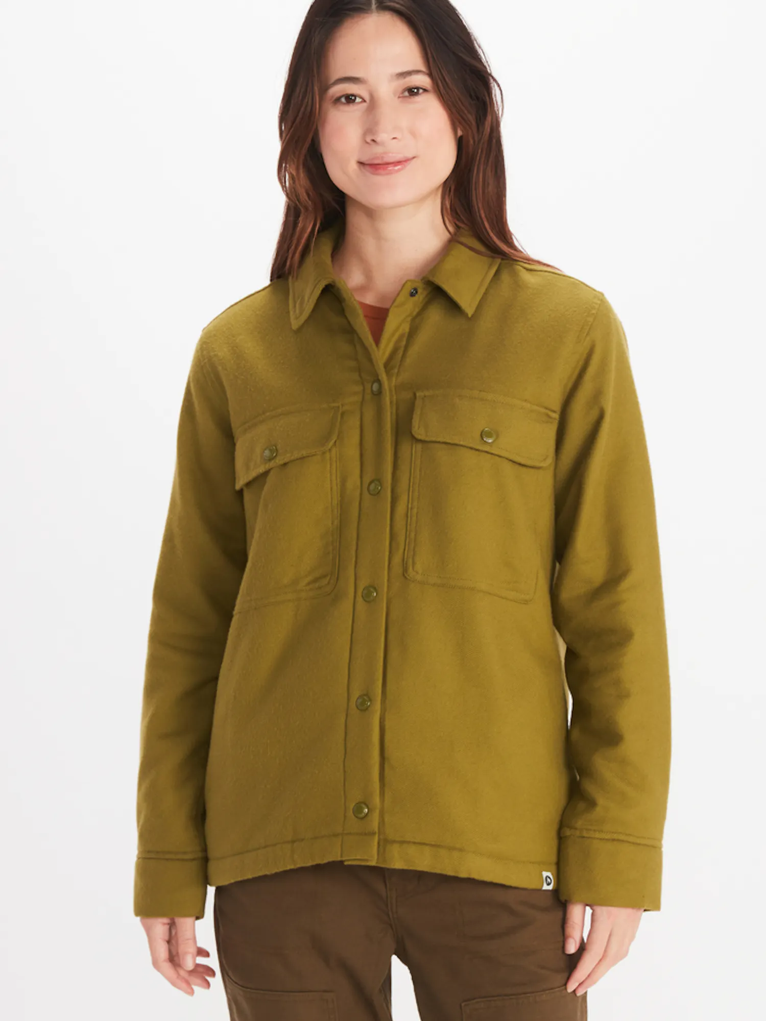 Marmot Women's Ridgefield Heavyweight Sherpa-Lined Flannel Jacket in Military Green | Cotton