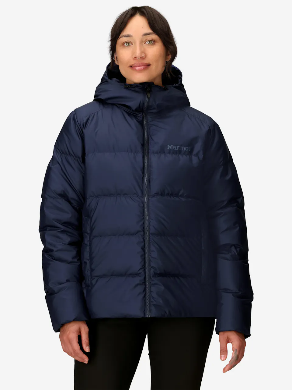 Insulated puffer jacket with hood in navy blue, perfect for winter warmth, outdoor activities, and cold weather style