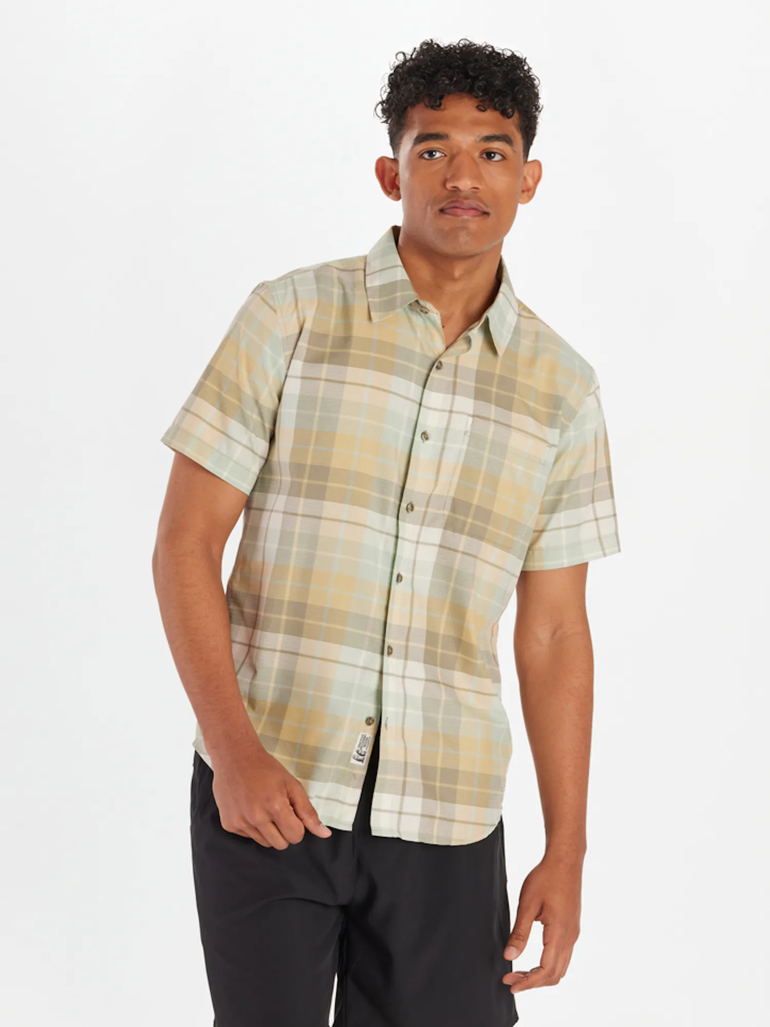 Marmot Men's Aerobora Novelty UPF 20 Short-Sleeve Shirt in Vetiver Wayland Plaid