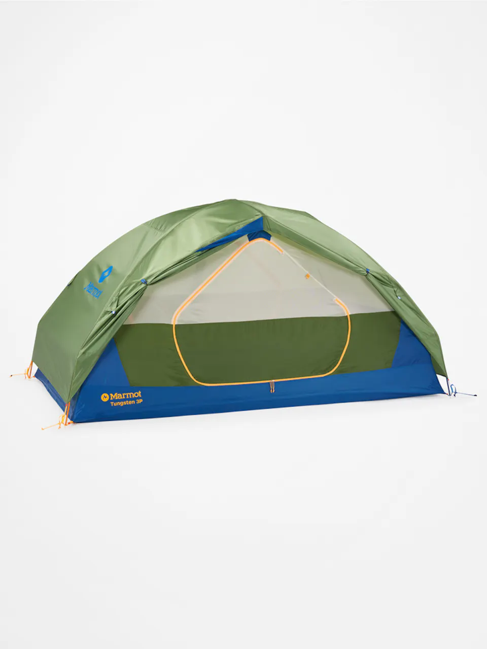 Marmot tungsten 3 person tent with green rain fly tied back