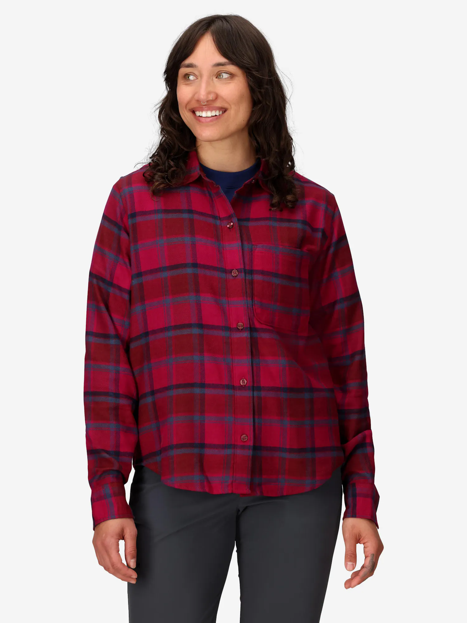 Marmot Women's Rush Creek Lightweight Flannel Long-Sleeve Shirt (Fall 2025) in Red Mulberry | Cotton