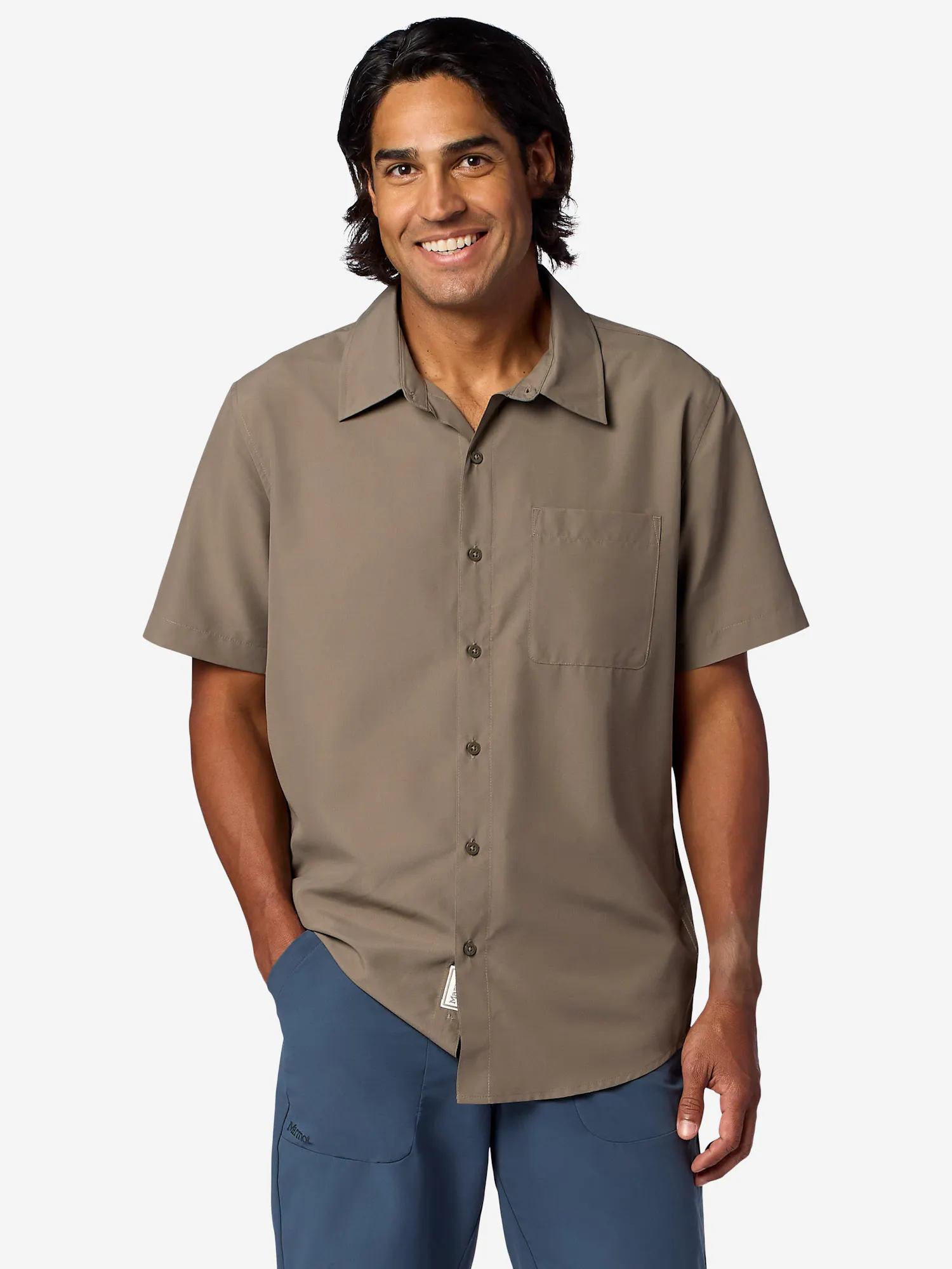 Marmot Men's AirExchange UPF 40 Novelty Short-Sleeve Collared Shirt in Claystone | Down