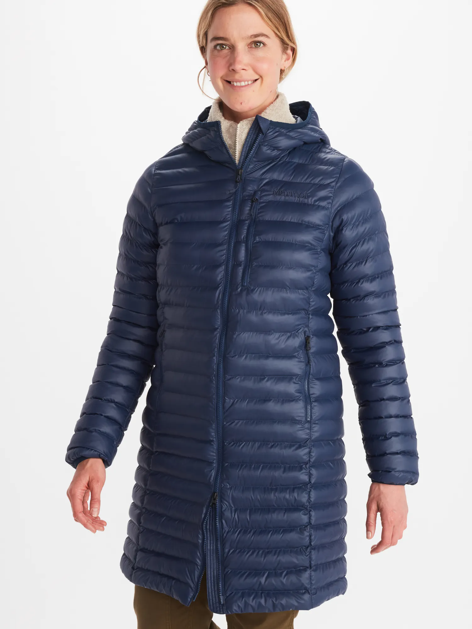 Marmot Women's Echo Featherless Long Jacket in Arctic Navy Shiny