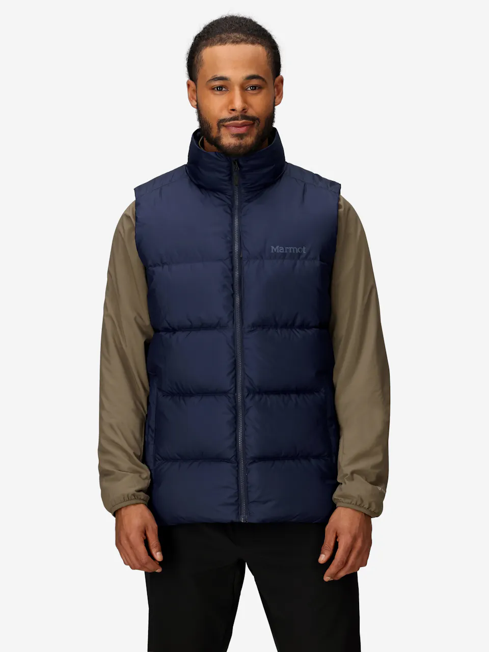 Men's blue puffer vest with zipper closure, lightweight insulated outerwear, casual layering apparel