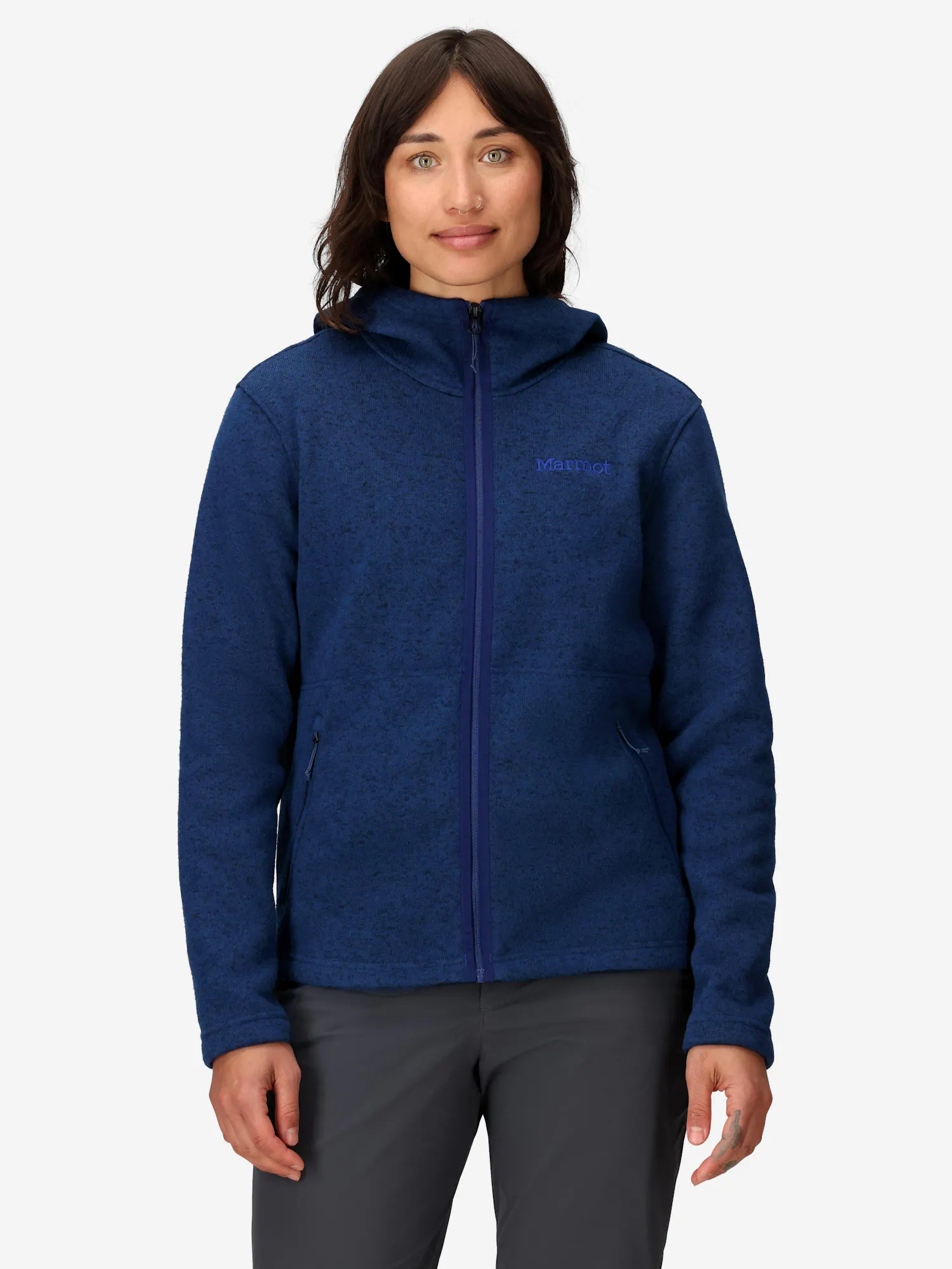 Marmot Women's Drop Line Sweater Fleece Full-Zip Hoody (Fall 2025) in Arctic Navy Heather