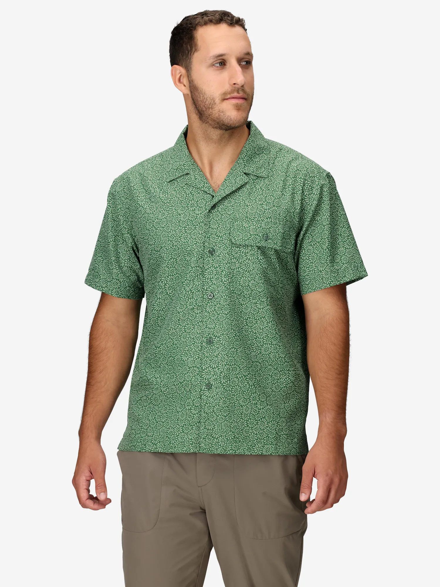 Marmot Men's AirExchange UPF 40 Short-Sleeve Novelty Camp Collared Shirt (Spring 2025) in Juniper Green Mini Bloom