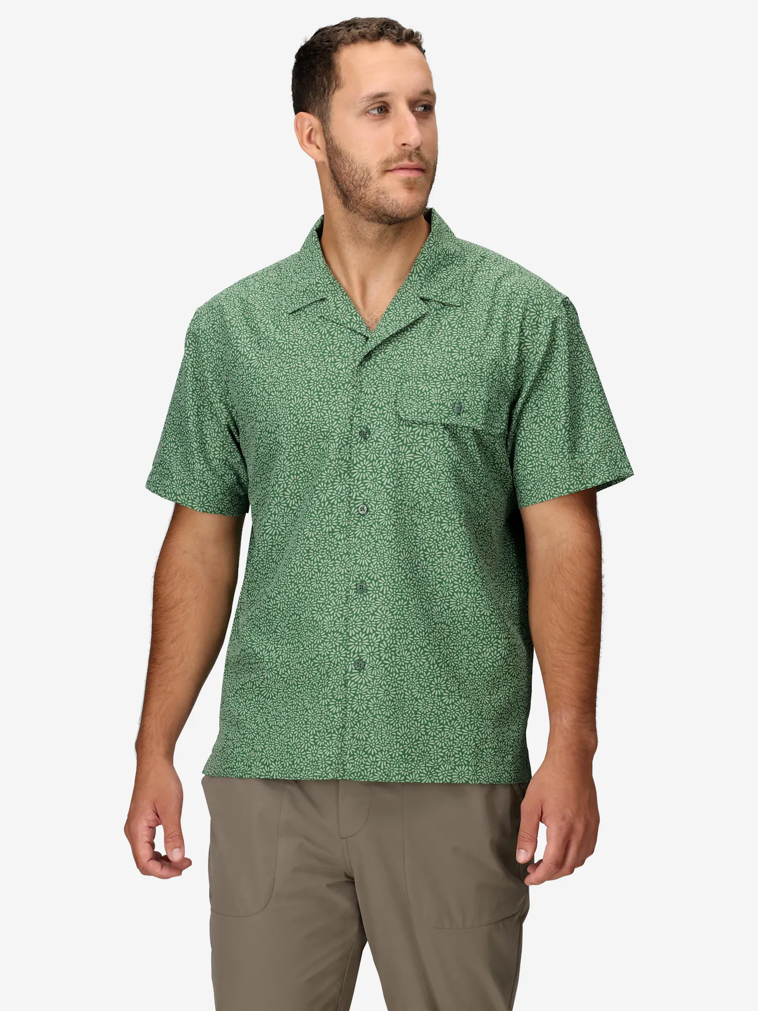 Marmot Men's AirExchange UPF 40 Short-Sleeve Novelty Camp Collared Shirt (Spring 2025) in Juniper Green Mini Bloom