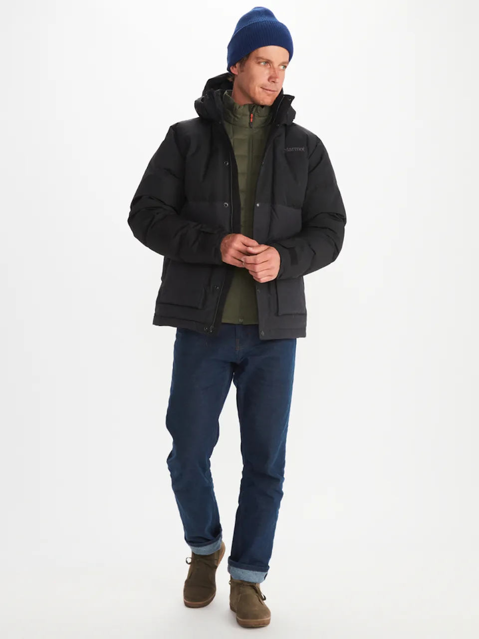 model wearing men's jacket, puffer coat and, beanie