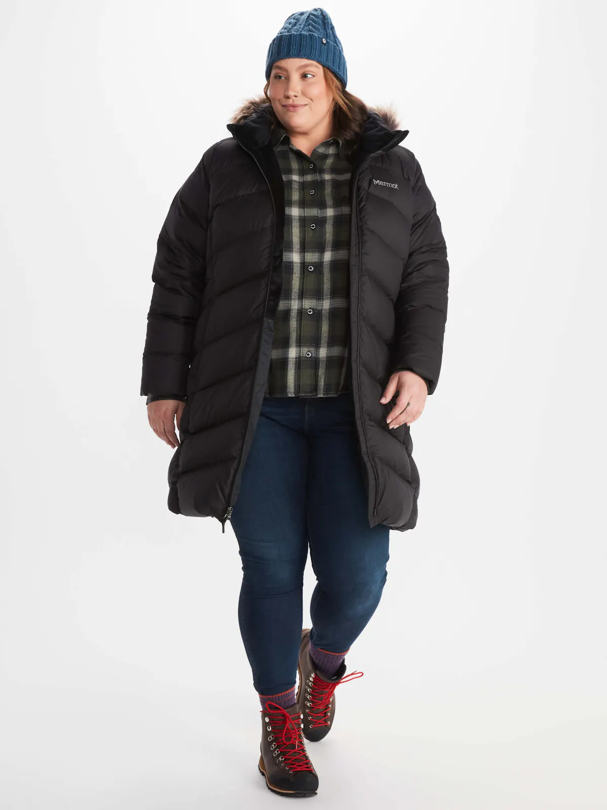 front of unzipped black puffer jacket with hood